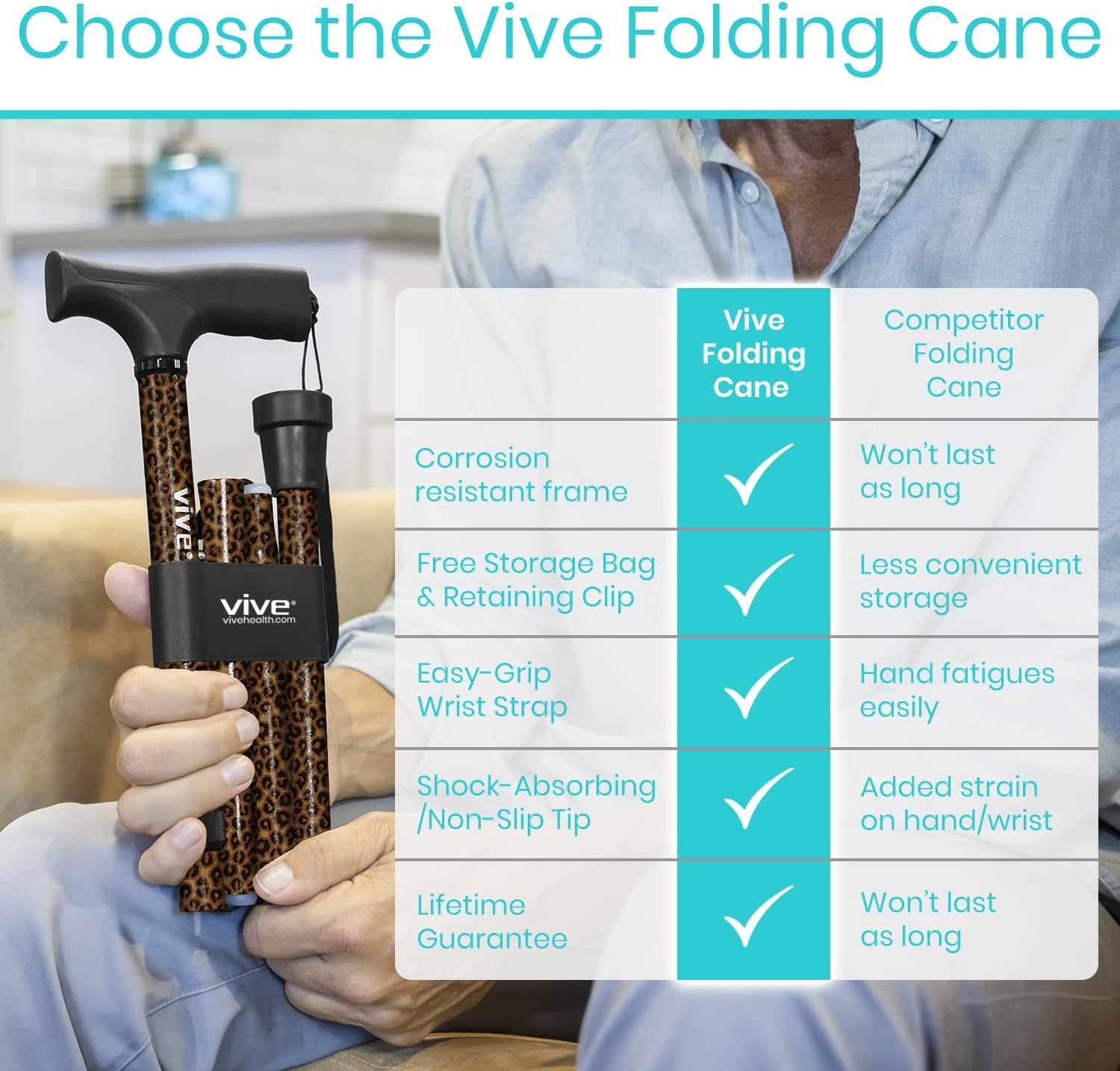 Vive Folding Cane - Foldable Walking Cane for Men, Women - Fold-up, Collapsible, Lightweight, Adjustable, Portable Hand Walking Stick - Balancing Mobility Aid - Sleek, Comfortable | Lightweight, Adjustable, Portable Hand Stick Balancing Mobility Aid Slee…