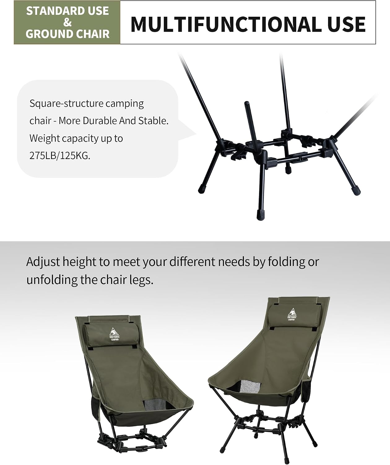 ONETIGRIS Dragonhide Oversized Camping Chair with Pillow Design, Comfortable Widened Seat Folding, 275 lbs Capacity