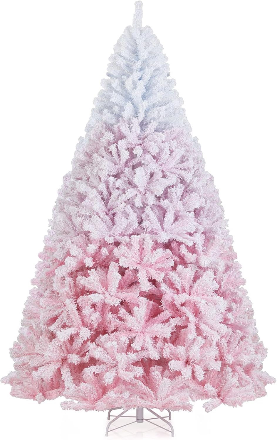 Goplus 7.5ft Pre-Lit Artificial Christmas Tree, Premium PVC Snow Flocked Hinged Pine Tree with Metal Stand and LED Lights