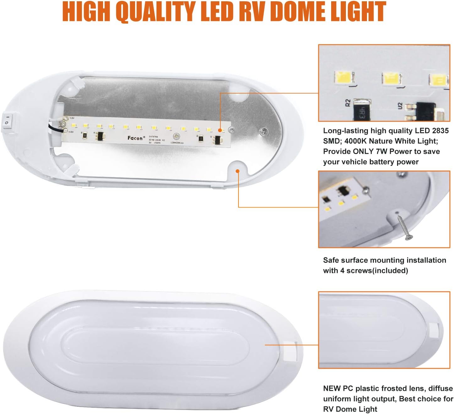 Facon 12V LED Bright RV Pancake Light Surface Mount - 2 Pack, DDS01-008, 12Volt Interior Light with Switch, for RV Motorhomes Camper Caravan Trailer Boat, 3400K