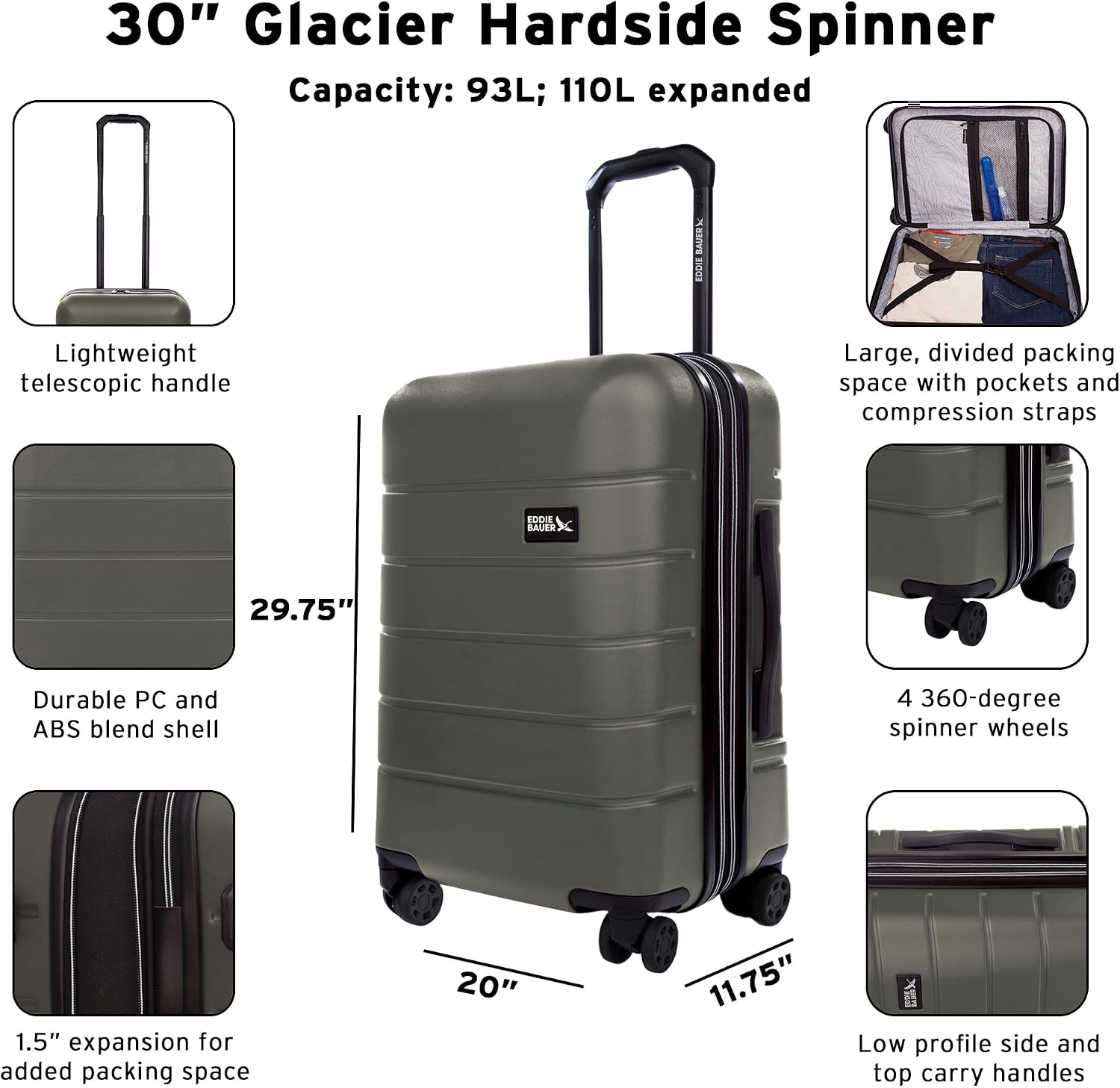 Eddie Bauer Glacier Checked 30" Luggage | Hardside | Spinner Wheels | Expandable | Lightweight | Travel Essentials - Sprig Green
