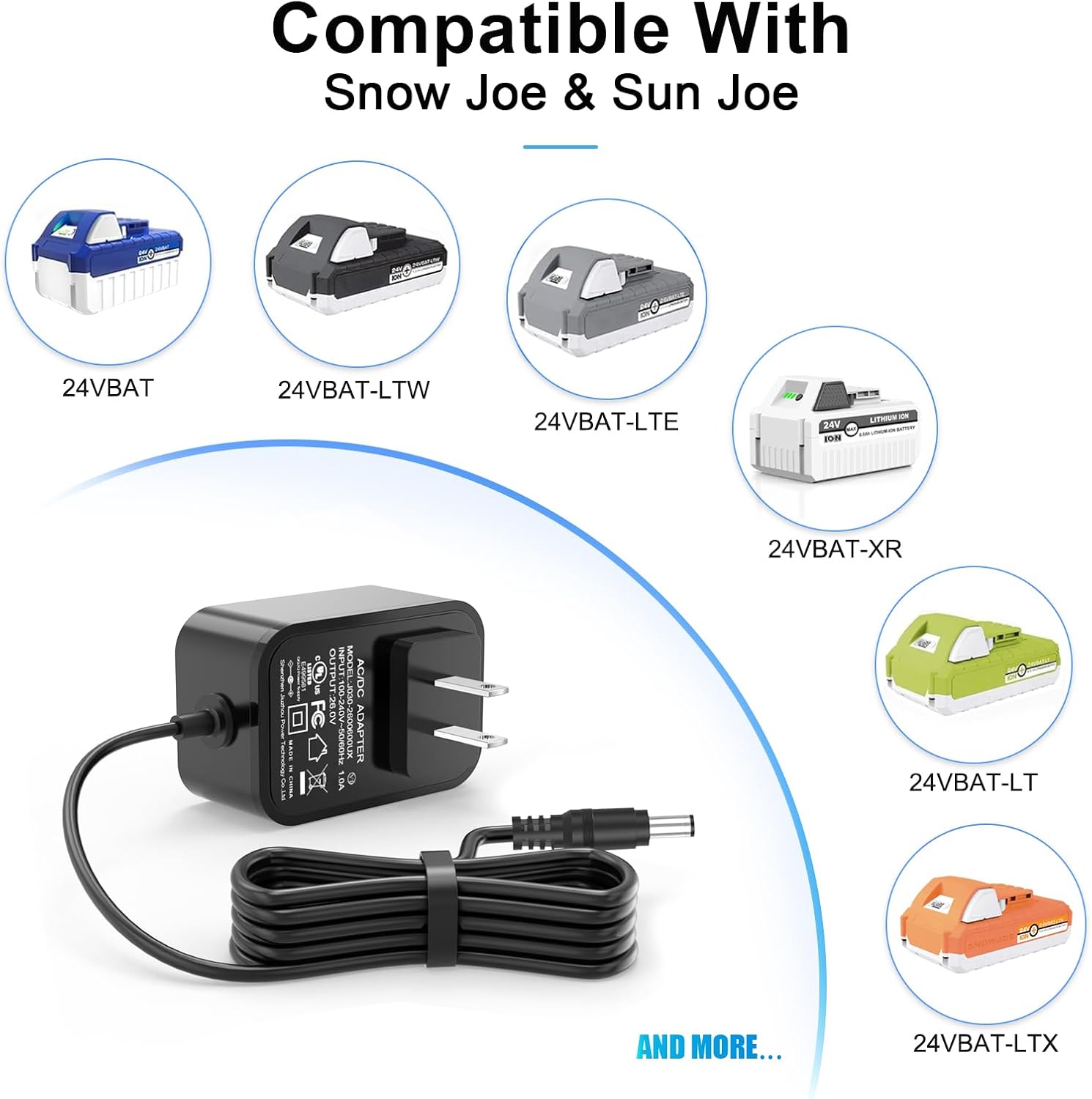 24V Charger for Snow Joe & Sun Joe 24V IBAT24 and 24VBAT Series Batteries | Compatible with 24VBAT 24VBAT-LTE 24VBAT-LT 24VBAT-XR 24VBAT-LTW