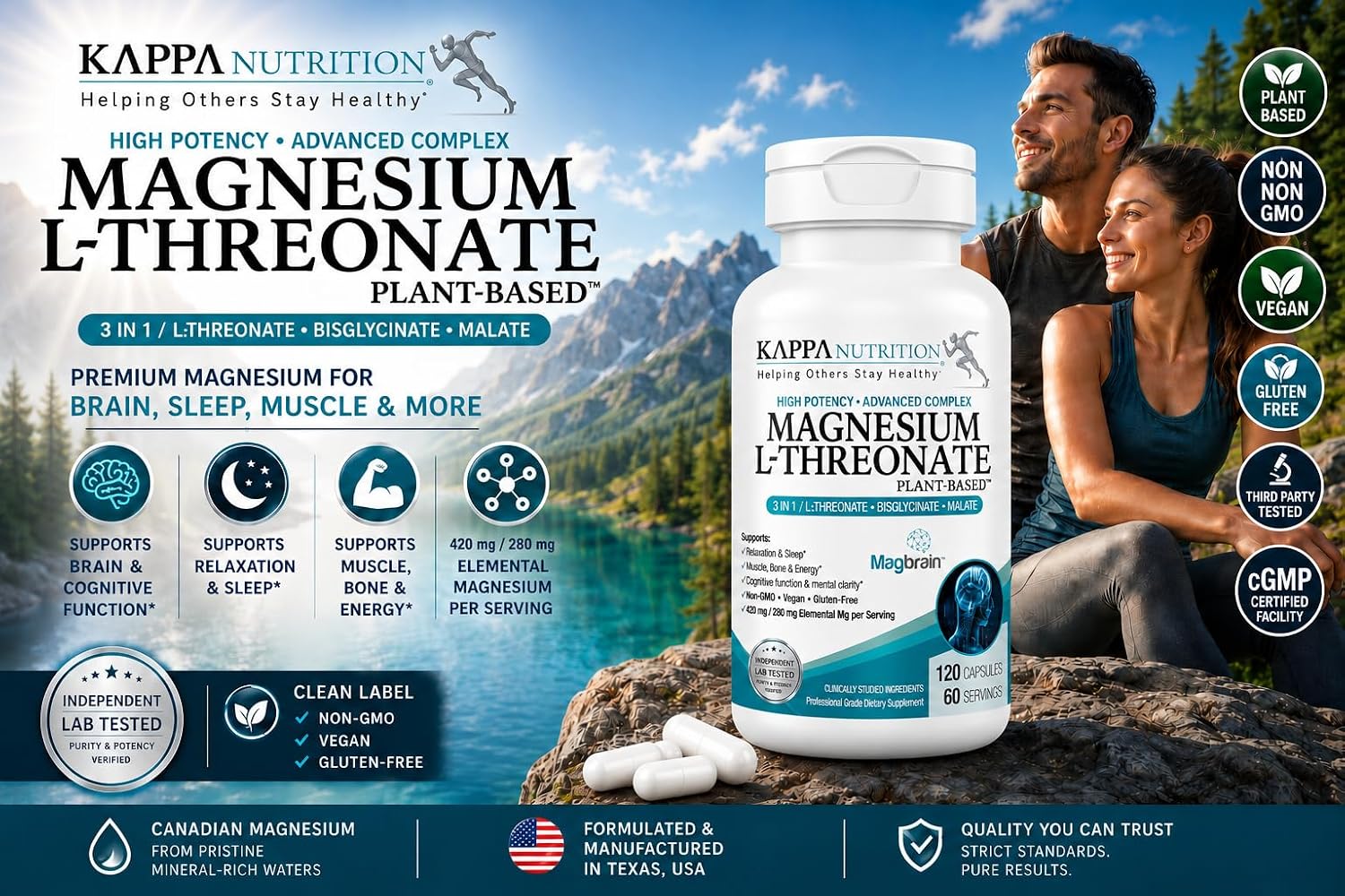 Kappa Nutrition Powered by Magbrain™ Magnesium L-Threonate Plant-Based, 420mg Elemental Magnesium (3 Capsules) from 2, 253mg, 120 Vegan Capsules