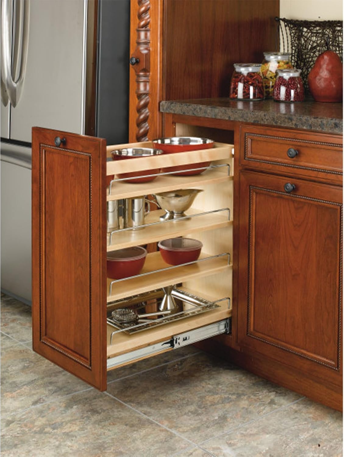 Rev-A-Shelf Pullout Kitchen Cabinet Organizer, Min Cabinet Opening 8.5" W | 8" W Slide Out Pantry Spice or Utensil Storage Rack with Adjustable Shelves for Base Cabinet Organization, 448-BC-8C