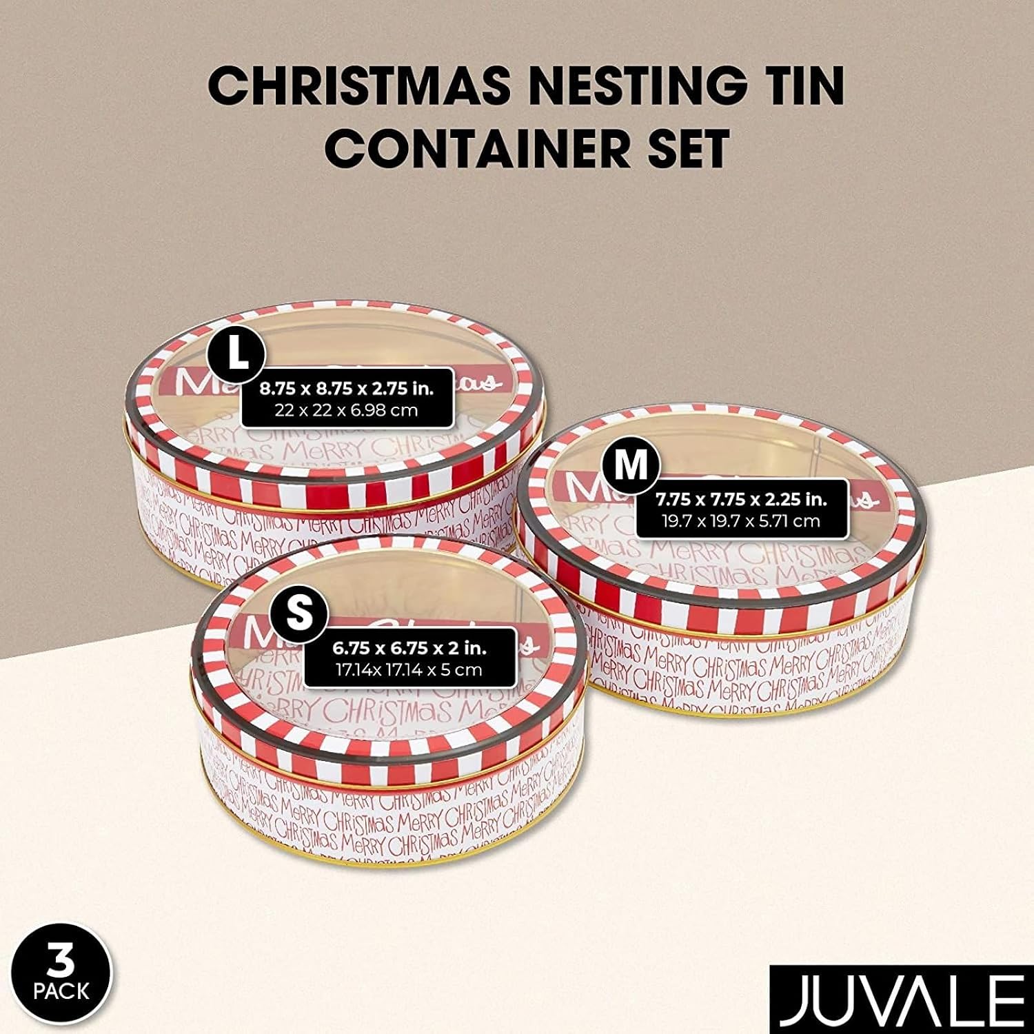 Juvale 3-Piece Cookie Tin with Lid - 8.75 in/7.75 in/6.5 in Round, Red & White - Tin Containers with Lids for Cookie Storage & Container Set