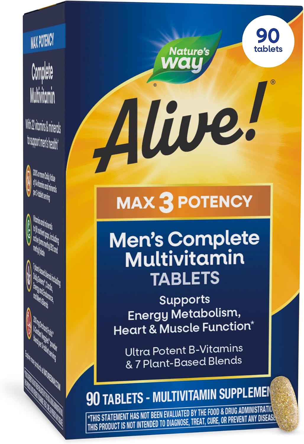 Nature's Way Alive! Men’s Max3 Potency Daily Multivitamin, 90 Tablets | High Potency Multivitamin for Men with B-Vitamins for Cellular Energy*, Supports Heart, Muscle and Eye Health*