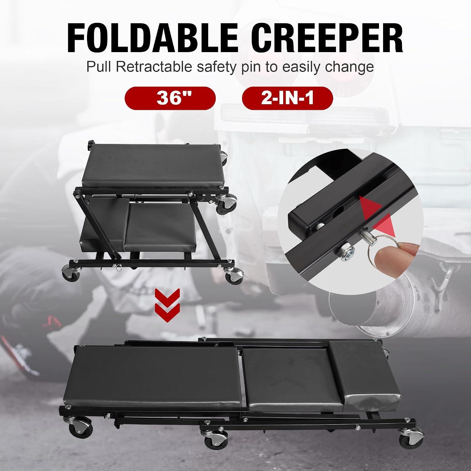 BIG RED Rolling Garage/Shop Creeper: 2-Piece, 36" Padded Mechanic Cart with Headrest and 6 Casters, Red,AR7565B,Torin