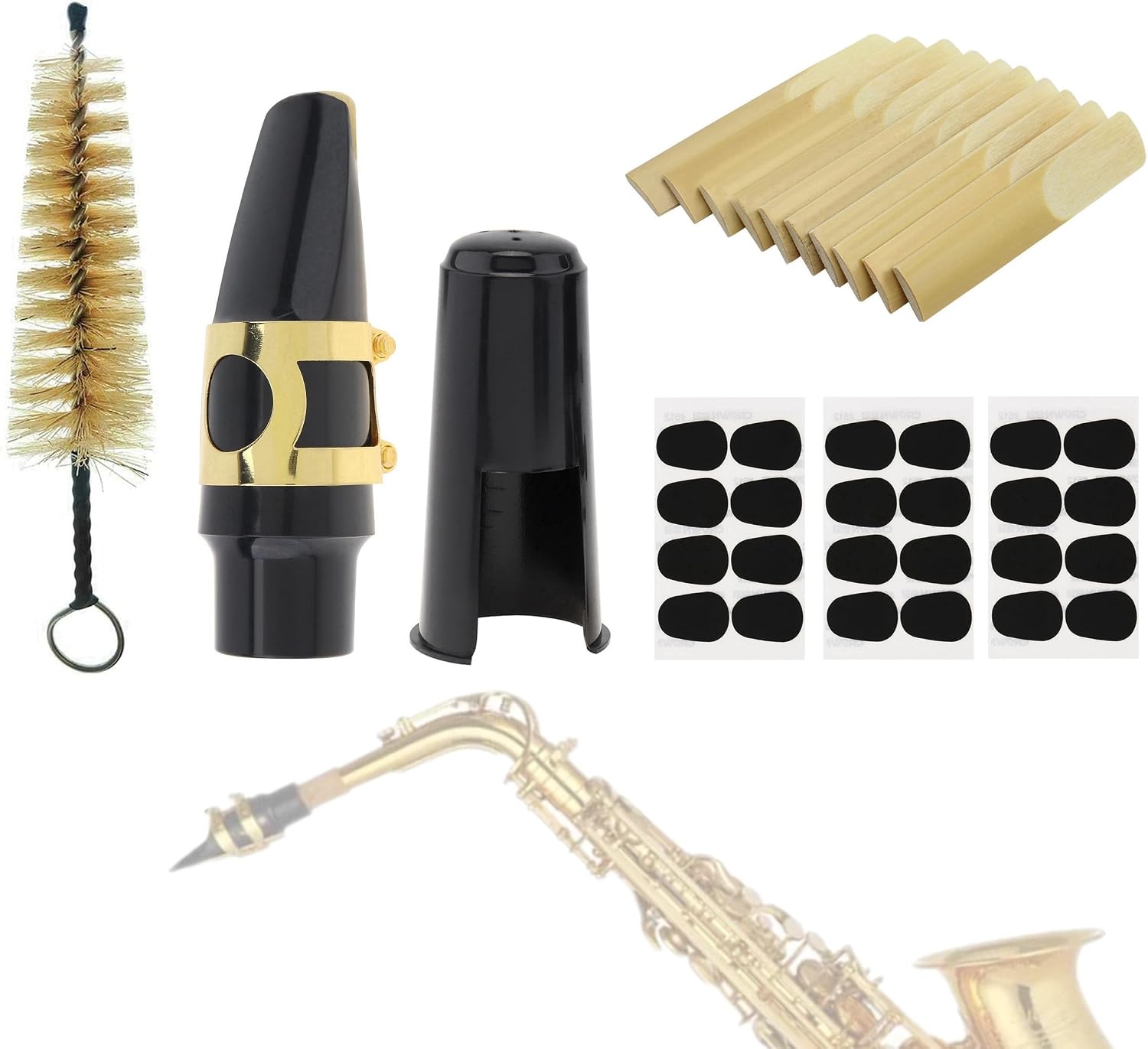 Alto Saxophone Mouthpiece Kit, Sax Mouthpiece Kit with Cap & Metal Ligature & 10 Reeds & 24 Cushions Pads