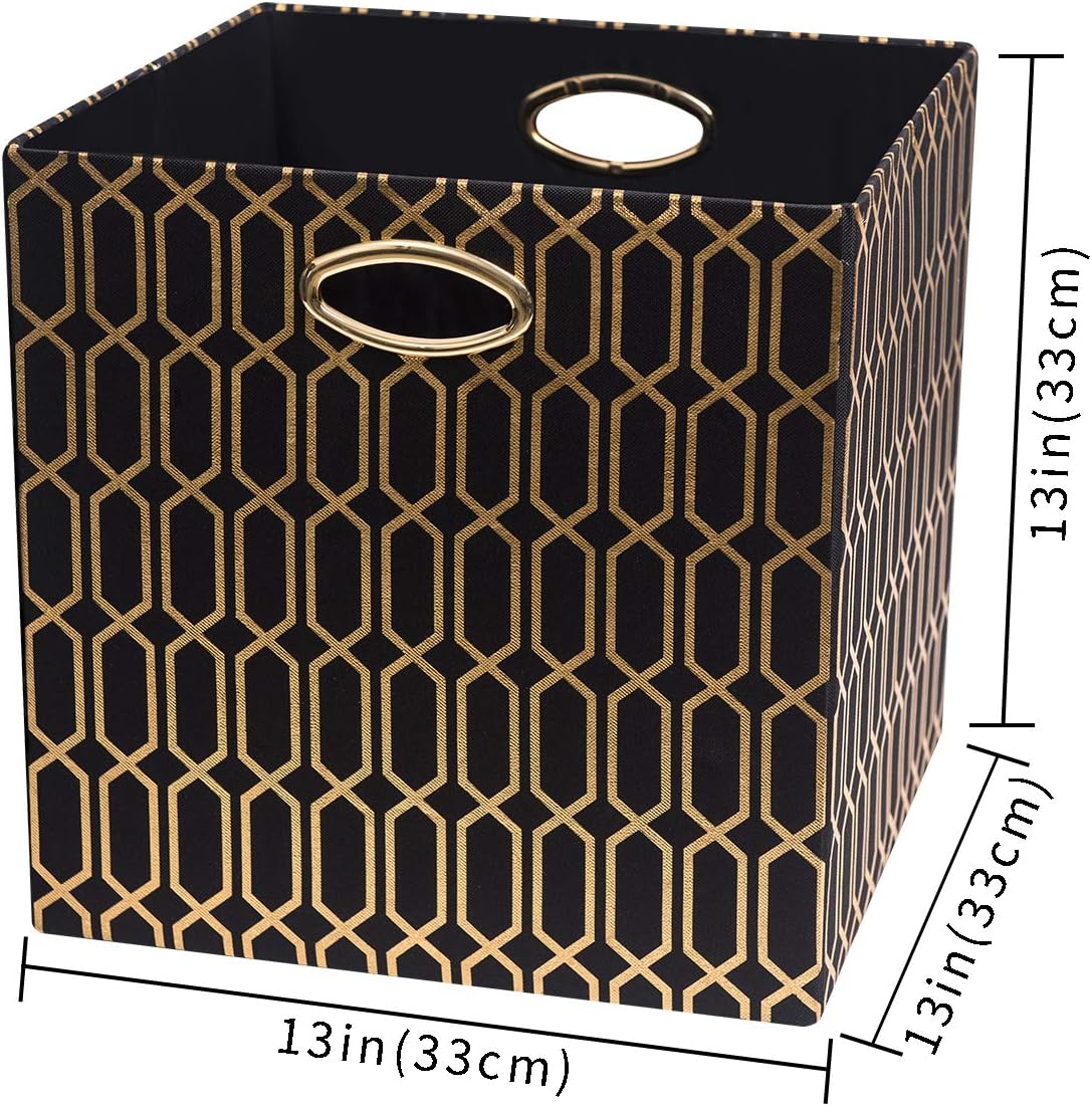 Posprica Storage Bins, Storage Cubes,13×13 Fabric Drawers Organizer Basket Boxes Containers (13×13×13/4pcs, Cream/gold geometry Pattern)