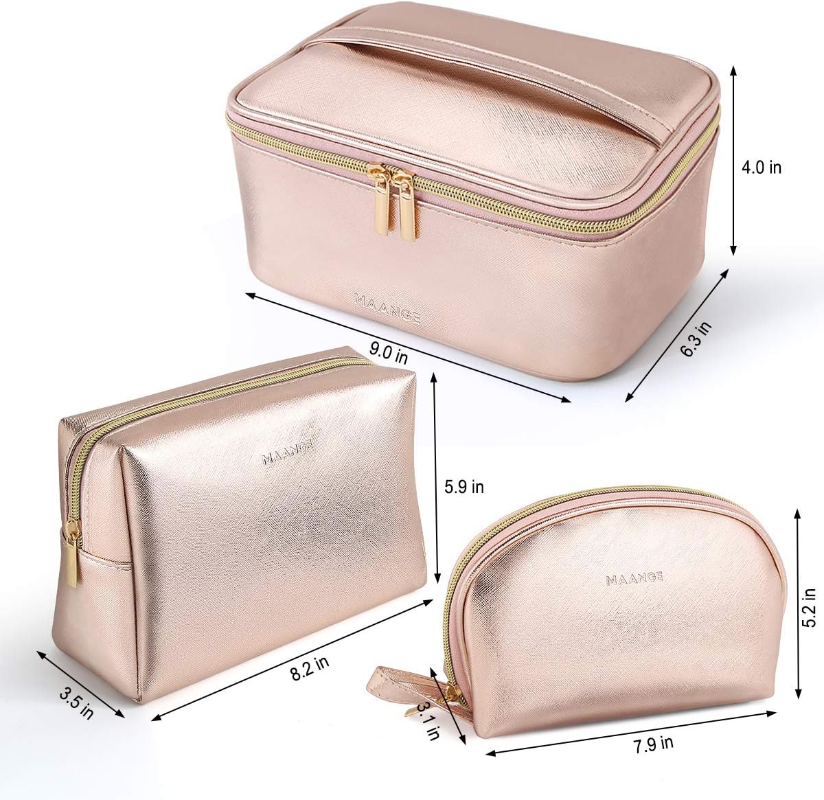 MAANGE 3 Pcs Makeup Bag Portable Travel Cosmetic Bag Large Makeup Bag Organizer with Gold Zipper Waterproof Toiletry Bags for Women and Girls(Rose