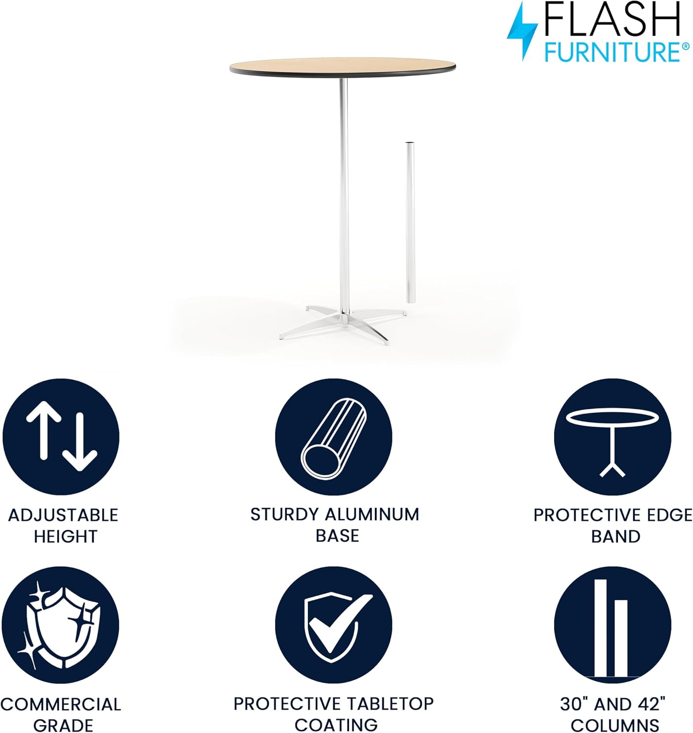 Flash Furniture Lars 24" Round Wood Cocktail Table with 30" and 42" Adjustable Columns, Adjustable Bar Height, for Events or Home Use