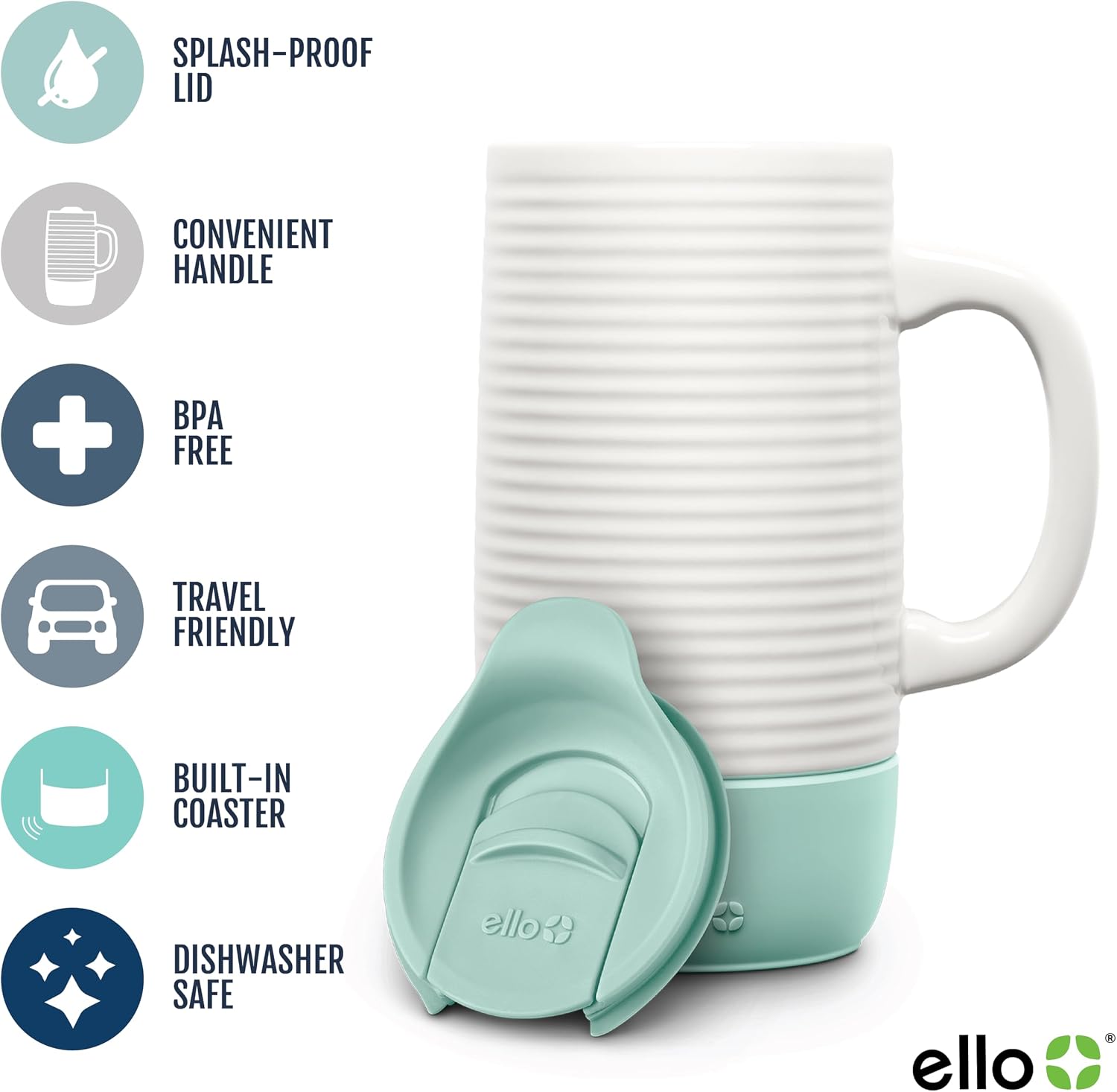 Ello Jane 18oz Ceramic Travel Mug with Handle, Splash-Resistant Slider Lid and Built-in Coaster, Perfect for Coffee and Tea, BPA Free, Dishwasher Safe