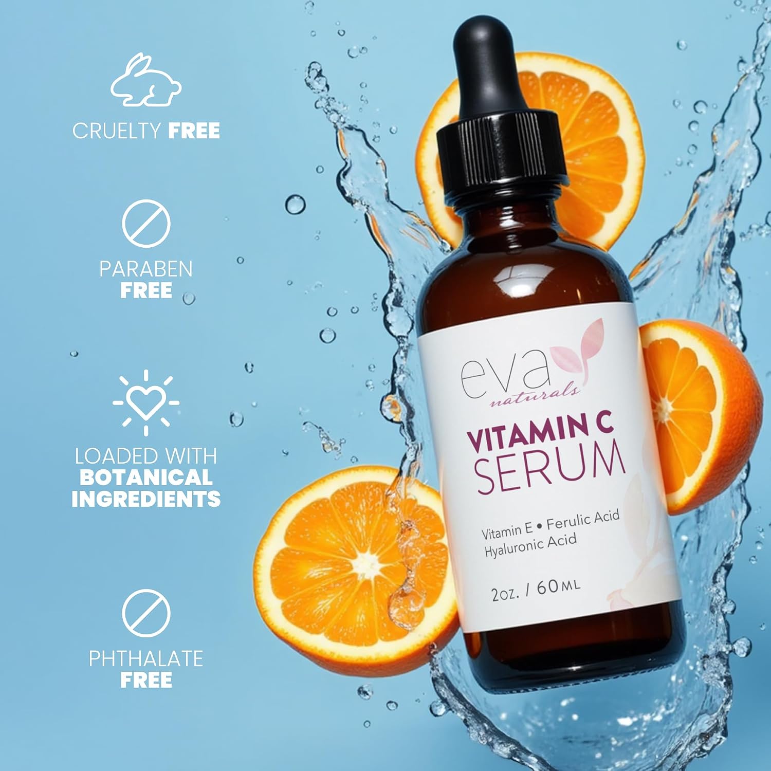 Eva Naturals Vitamin C Serum 20%, Hyaluronic & Ferulic Acid, 1 oz | Vitamin E, dark spots, acne, anti-aging, glow, even skin tone