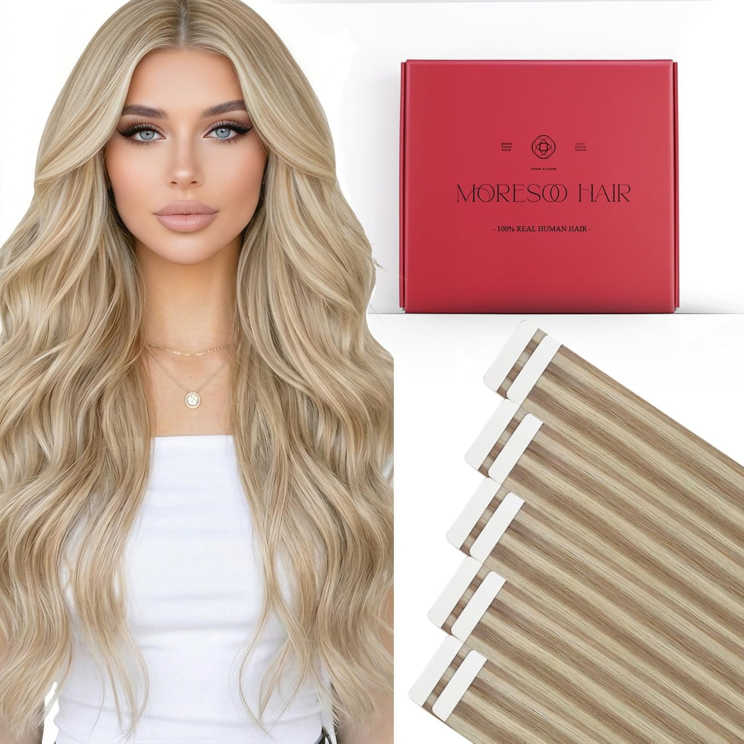Moresoo Black Tape in Hair Extensions Human Hair, 18 Inch, 20Pcs, 50g