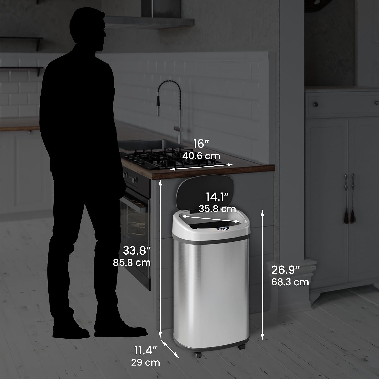 SensorCan 13 Gallon Sensor Trash Can with Wheels and AbsorbX Odor Control System, Stainless Steel