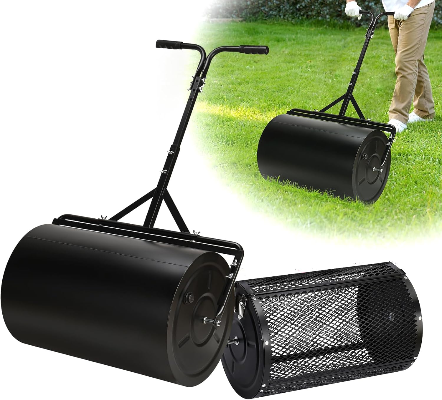 24 Inch Compost Spreader & Lawn Roller, Featuring One Mesh Roller and One 23 Gallon Hollow Roller, Push & Tow Design