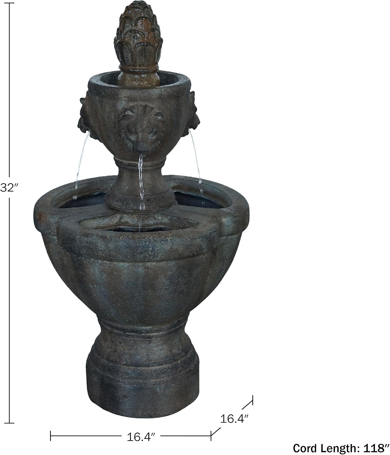 Outdoor Fountain – Polyresin 2-Tier Water Feature with Lion Head Details and Realistic Stone Appearance – Yard Art with Soothing Sound by Pure
