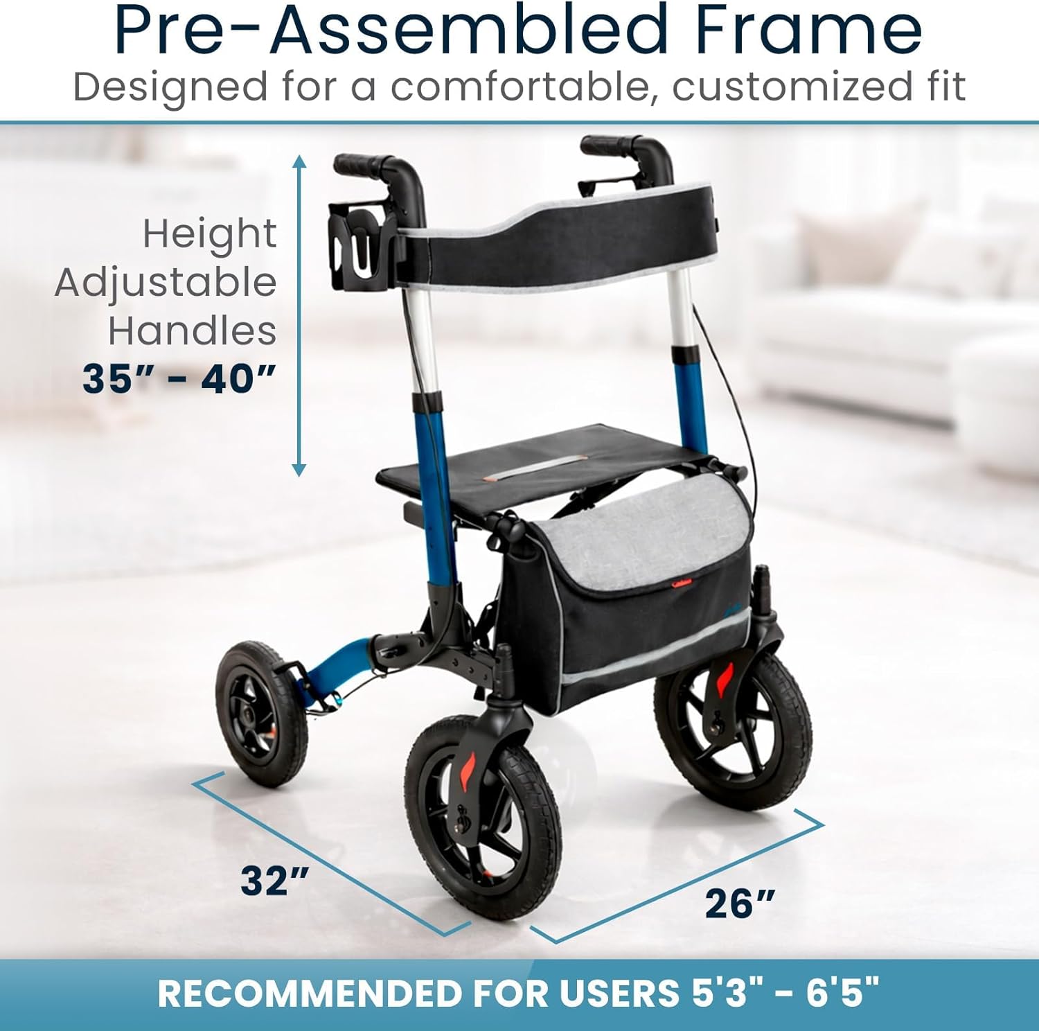 Vive All-Terrain Rollator Walker with 12” Pneumatic Wheels - Padded Seat | Backrest