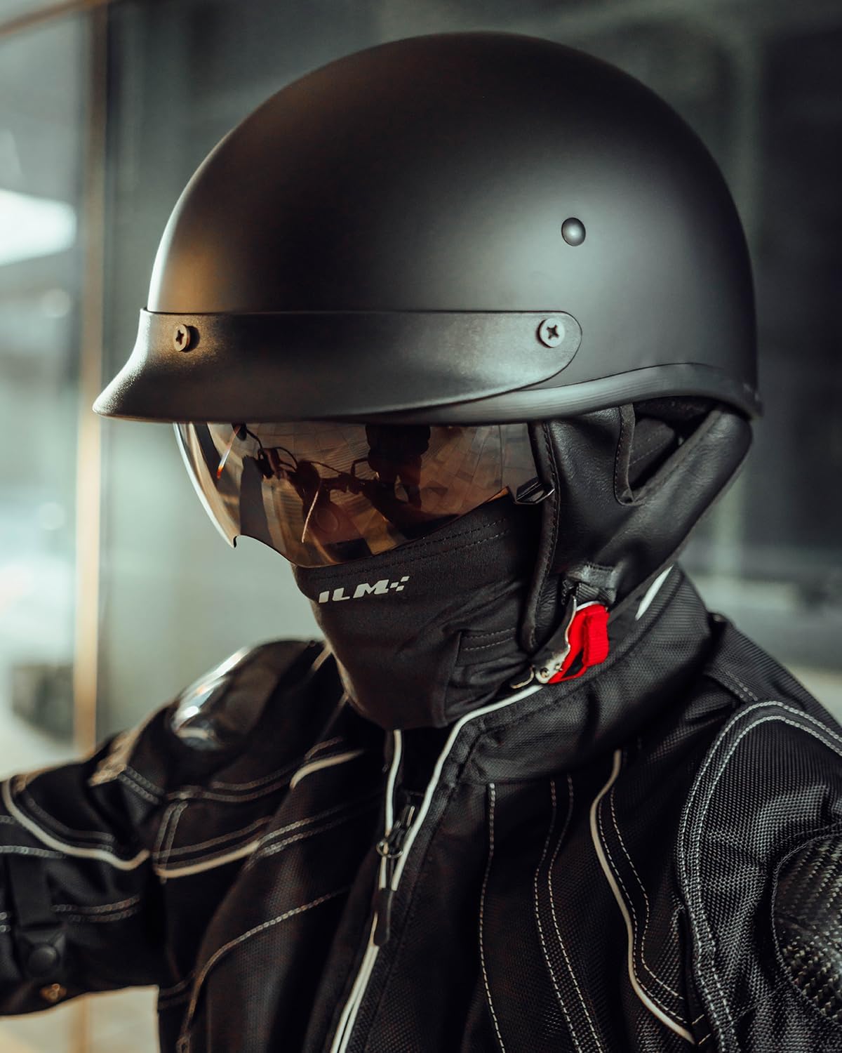 ILM Half Helmet Motorcycle Open Face Sun Visor Quick Release Buckle DOT Approved Cycling Motocross Suits Men Women 205V (M, Matt Black)