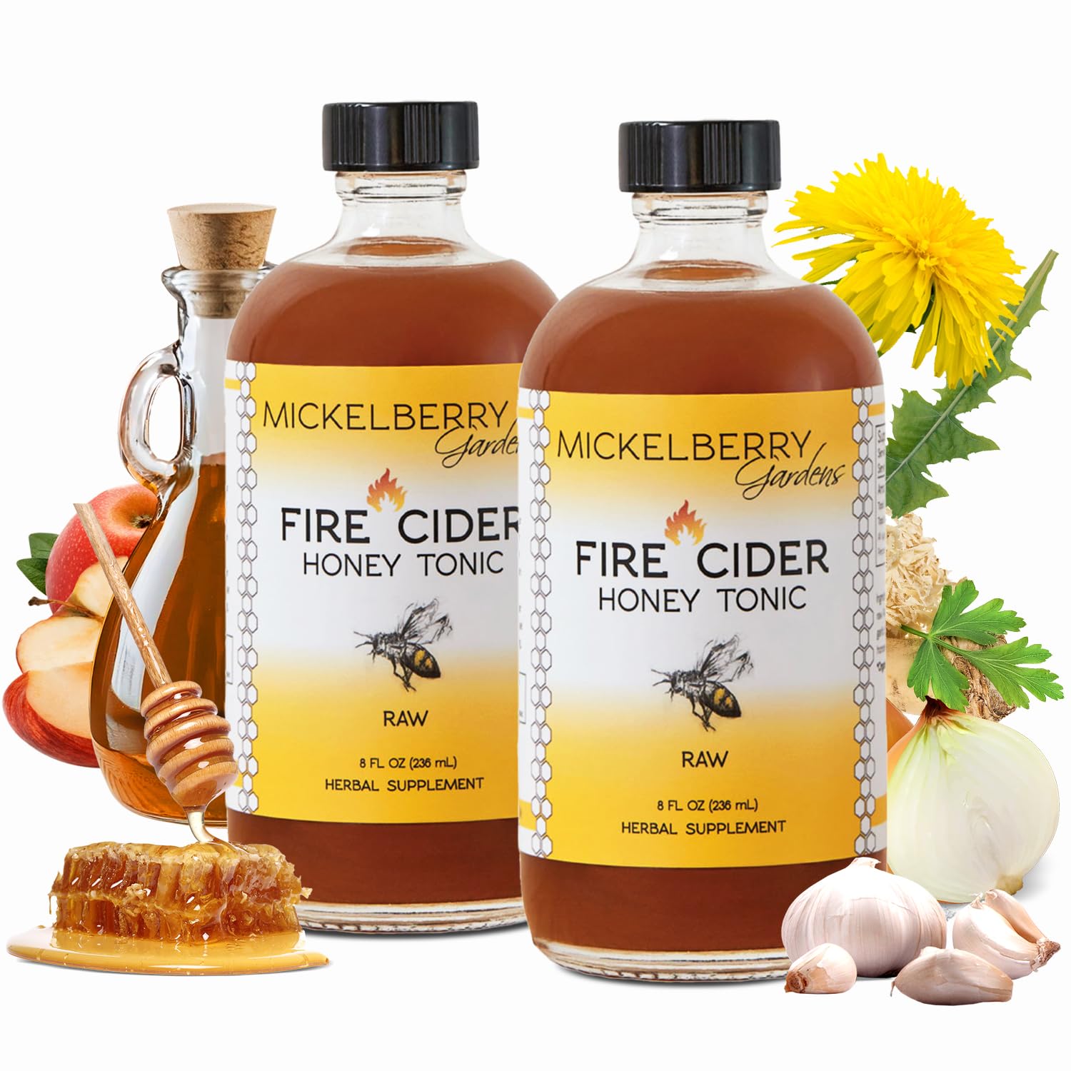 Mickelberry Gardens Fire Cider Apple Cider Vinegar Honey Tonic 8oz | Apple Cider Vinegar Honey Tonic with Organic Turmeric Root, Ginger Root & Dandelion, Natural Digestion & Immune Support