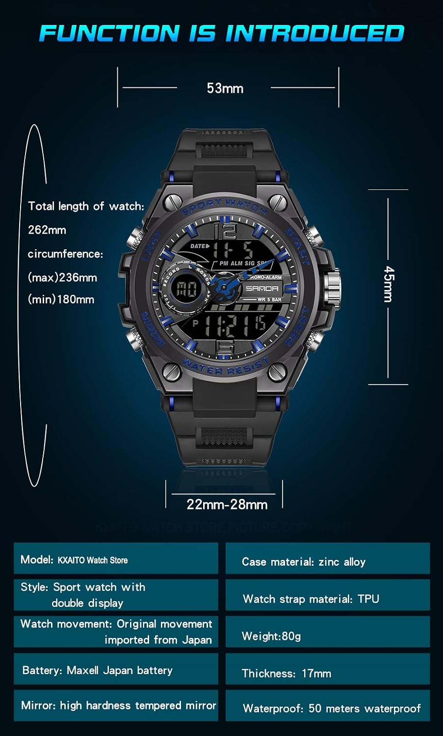 KXAITO Men's Watches Sports Outdoor Waterproof Military Watch Date Multi Function Tactics LED Alarm Stopwatch
