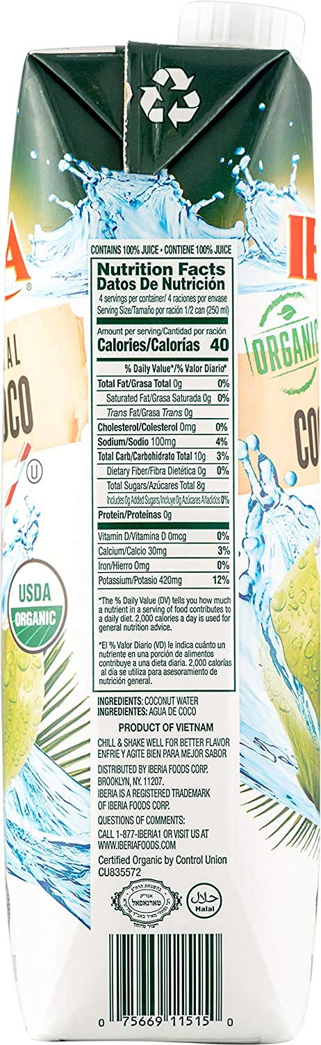 Iberia 100% Pure Organic Coconut Water, 1 Liter , 33.8 Fl Oz (Pack of 3)