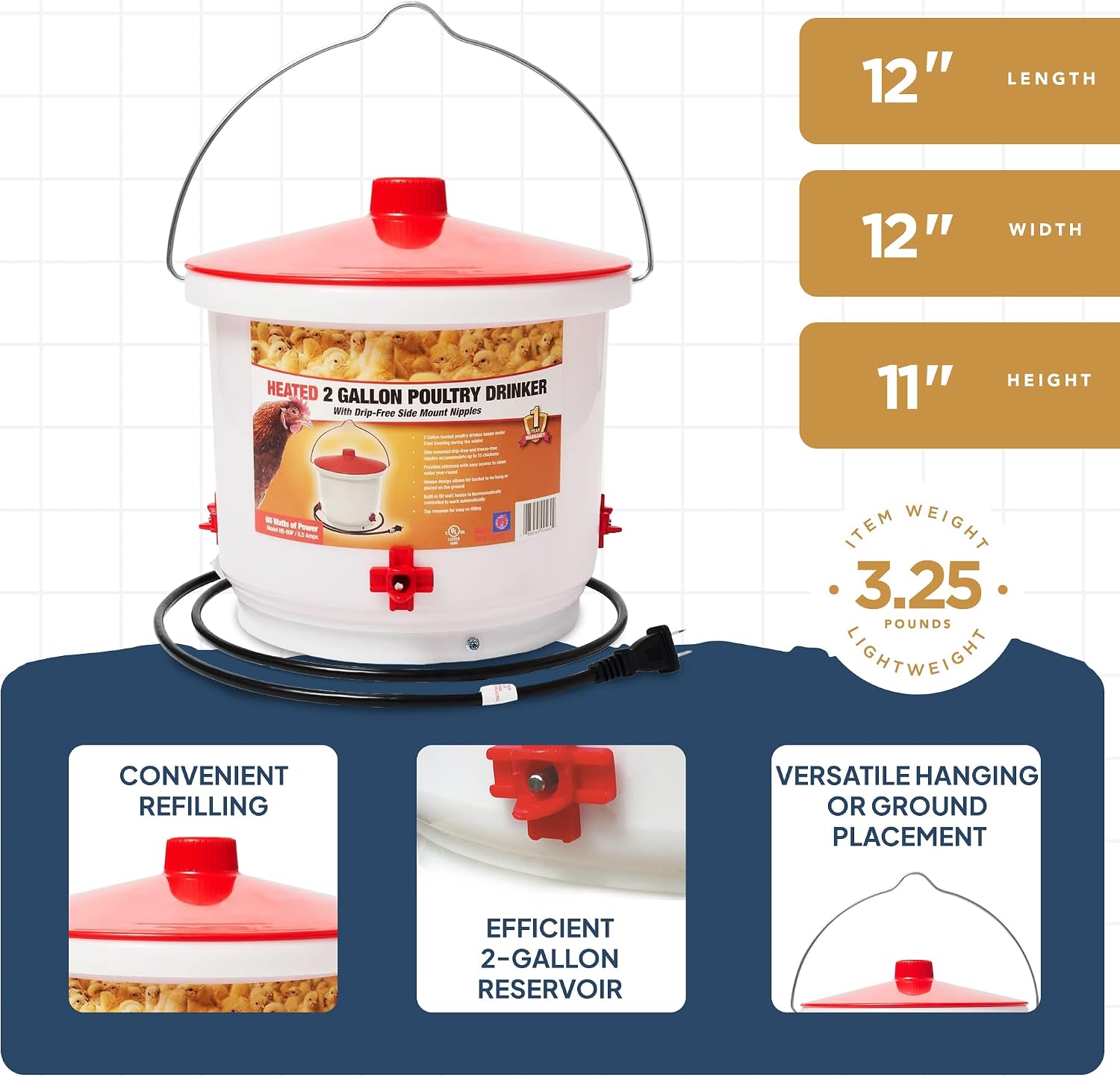 Farm Innovators HB-60P Thermostatically Controlled Heated 2 Gallon Plastic Outdoor Year Round Poultry Chicken Water Bucket Drinker, White/Red | Thermostatically controlled to keep water from freezing, side mounted drip-free/freeze-free nipples for up to…