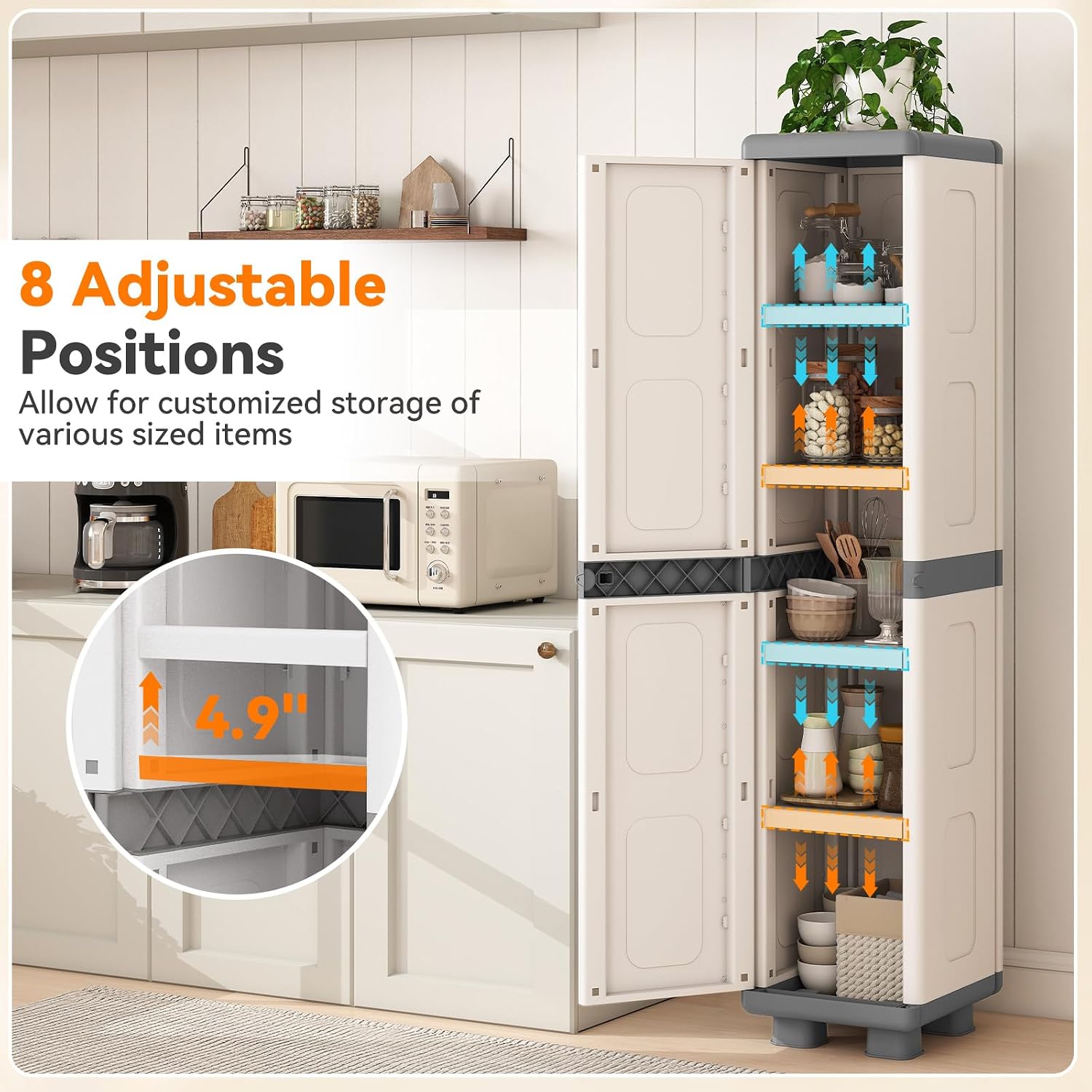 GIANTEX Storage Cabinet with 2 Doors and Adjustable Shelves, Modern Plastic Base Garage Organizer, Floor Sideboard for Kitchen, Dining Room, Bathroom (Wide-29"x19"x37",White+Brown)