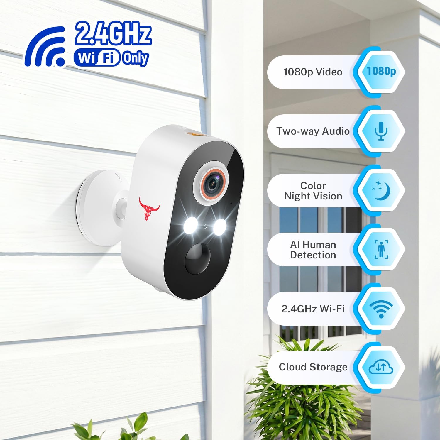 1080P Wireless Security Camera Outdoor, Battery Powered, AI Human Detection, Color Night Vision, 2-Way Audio, IP65 Waterproof, 2.4G Wi-Fi, Cloud Storage (2 Spotlights)