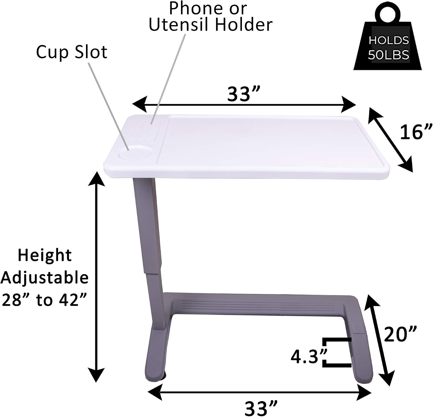 Carex Rolling Overbed Table, Hospital Bed Table, Laptop Tables for Recliner, Bed, Bedside and Sofa, Computer Tables, Hospital Tray