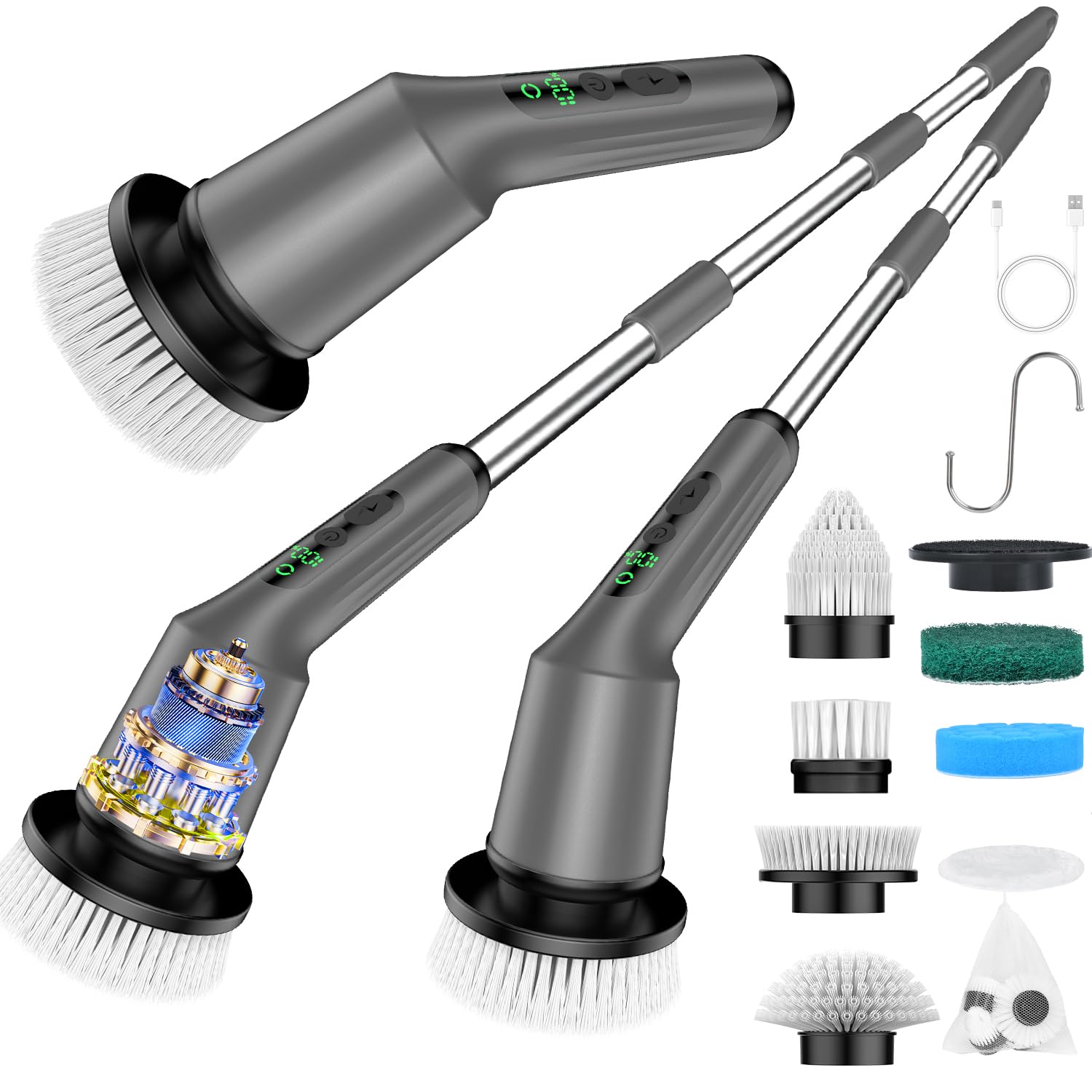 Electric Spin Scrubber for Bathroom, Shower Scrubber with Long Handle | Shower Cleaner Brushes, IPX7 Waterproof & 2 Speed, 3 Brush Heads, 90min Runtime, Bathroom Cleaning Supplies for Toilet Tub