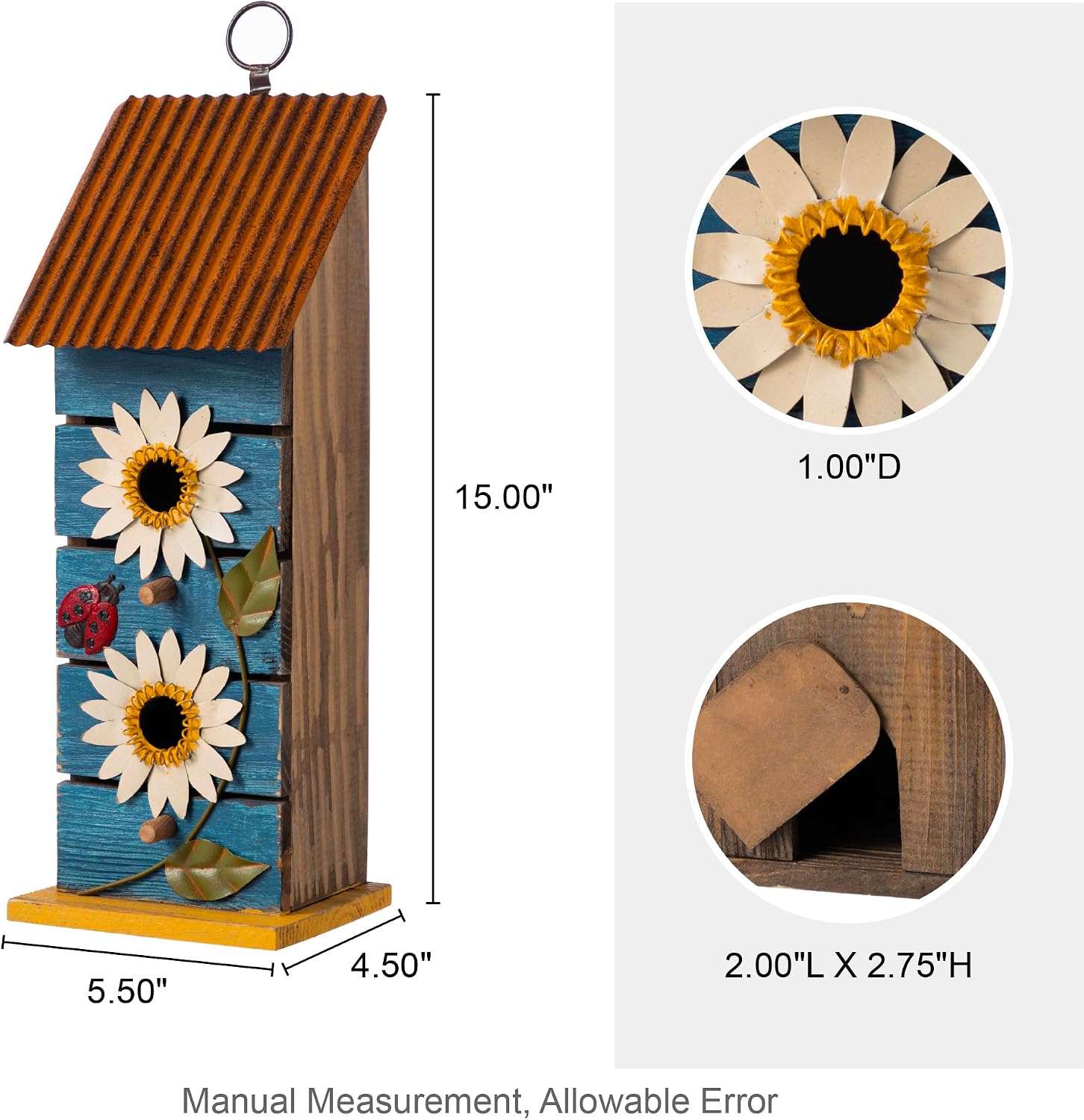 Glitzhome Bird Houses for Outside,10" H Rustic Wooden Bird House Garden Distressed Decorative Birdhouse for Outdoors, Hanging Birdhouse for Bluebird Hummingbird Wren Finch Cardinals Cedar