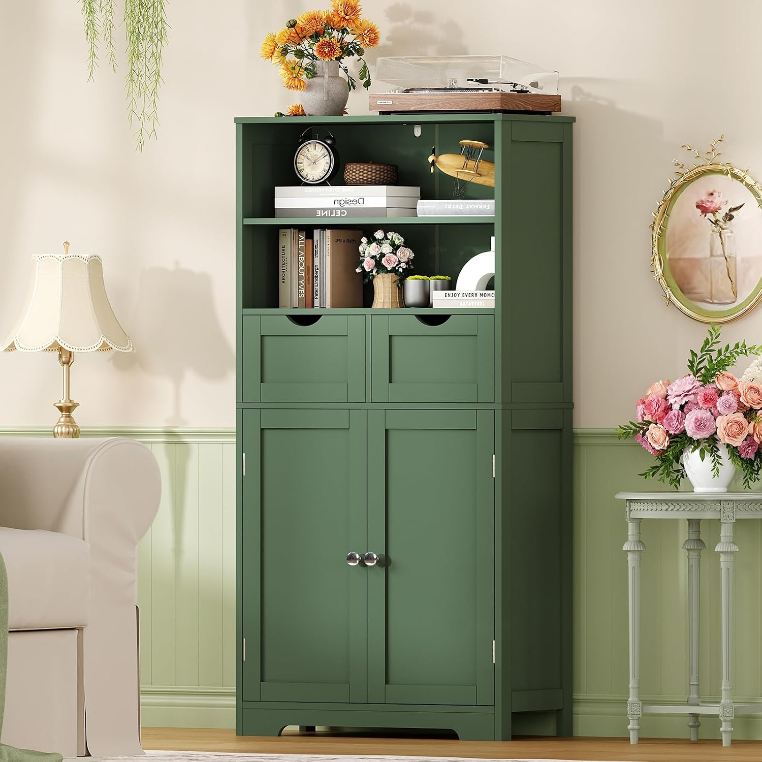 Iwell Storage Cabinet with 2 Drawers & Adjustable Shelves, Cupboard, Floor Cabinet for Living Room, Home Office, Rustic Brown