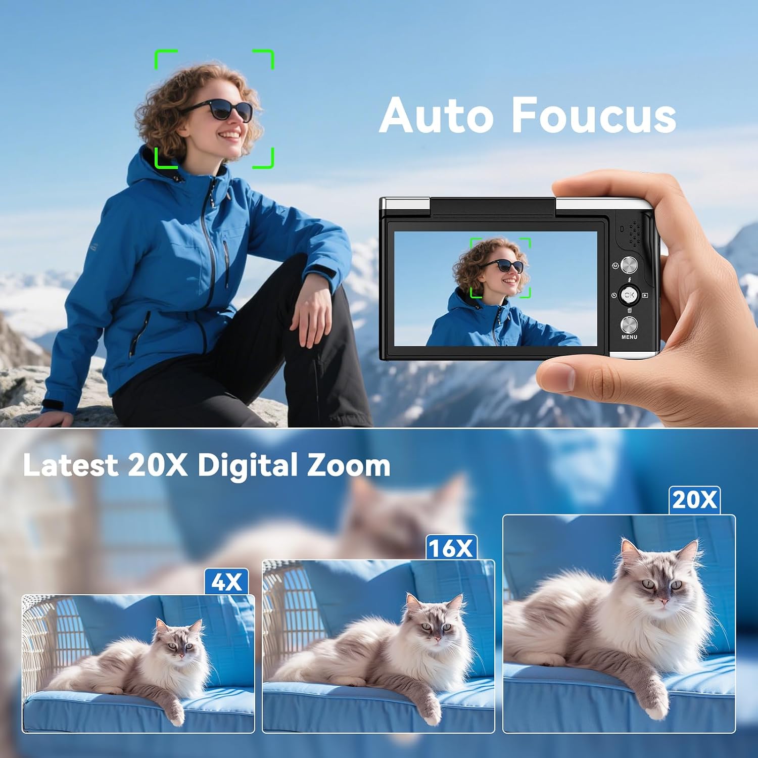 8K Digital Camera for Photography with WiFi 96MP Autofocus Vlogging Camera for YouTube Video 3.5'' 180°Flip Screen 20X Zoom Anti-Shake Compact