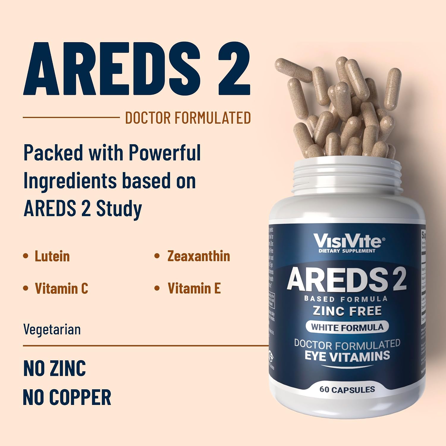 VisiVite Doctor Formulated AREDS 2 Eye Vitamins, Zinc Free, 60 Capsules | Macular Support Formula