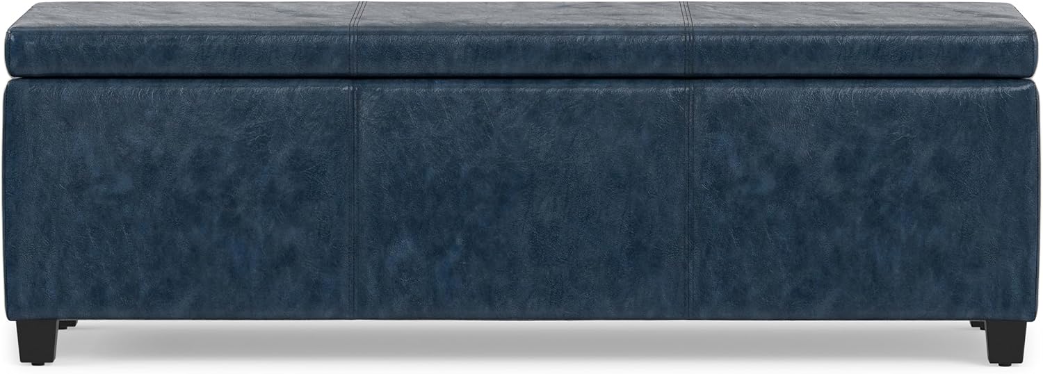 SIMPLIHOME Avalon 48" Wide Vegan Leather Storage Ottoman in Brown
