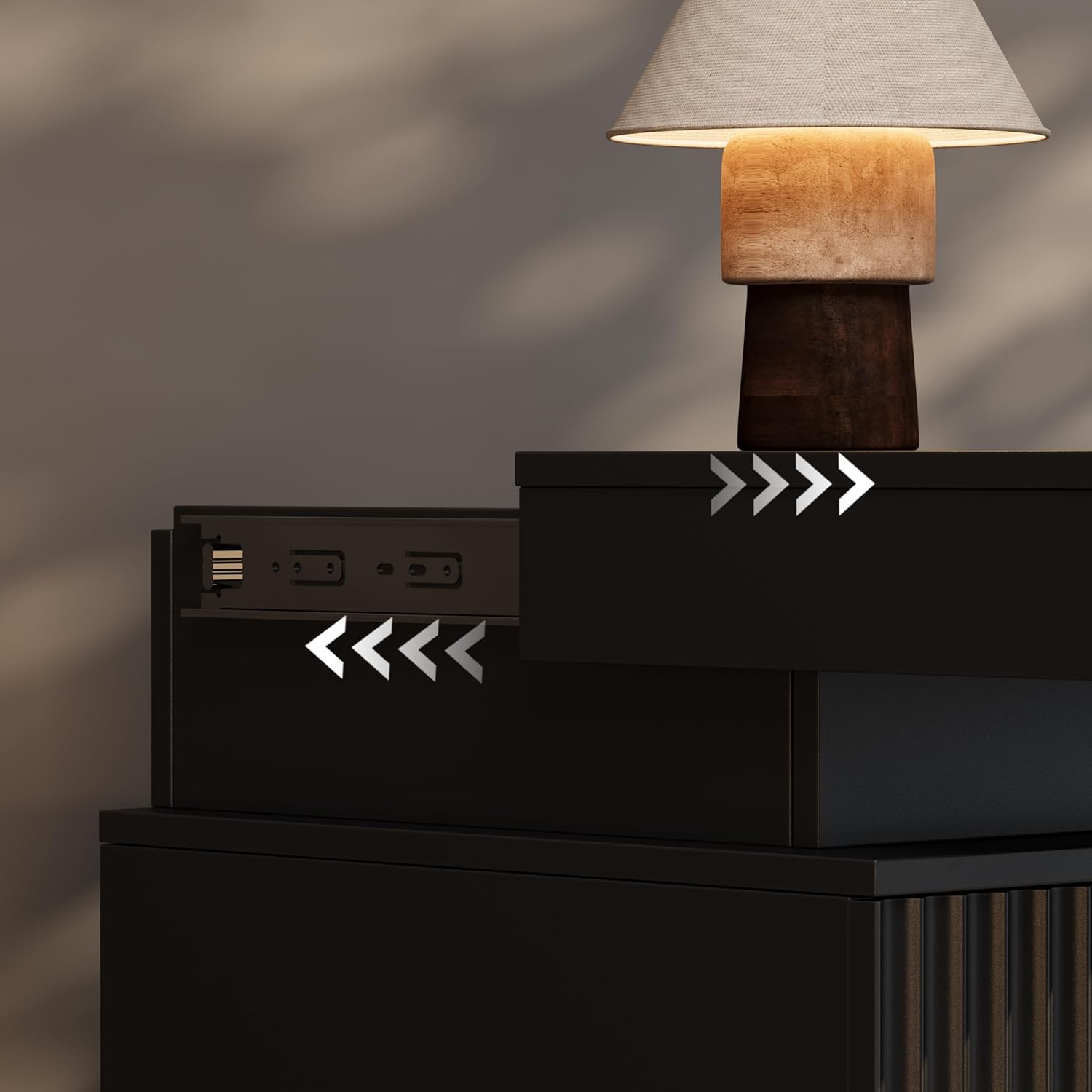 Fluted Nightstand with Charging Station and LED Light, Bedside Table with Sliding Top, USB Ports and AC Outlets, 3 Drawer Storage Cabinet