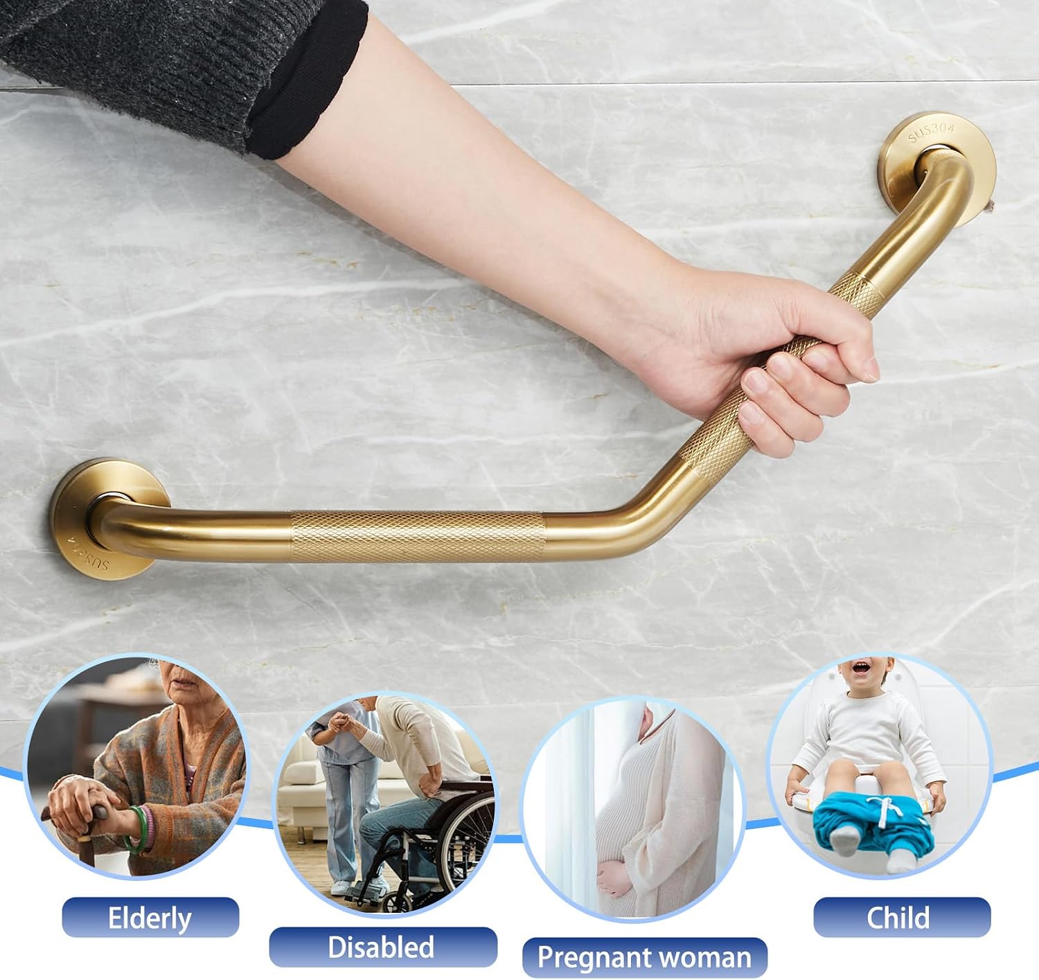 20 Inch Bathroom Grab Bar, Satin Brushed Nickel Angled Grab Bar with Anti-Slip Knurled Grip, Stainless Steel Bath Balance Bar, 1.0" Tube Safety Hand Rail Support, Handicap Elderly Assist Bath Handle