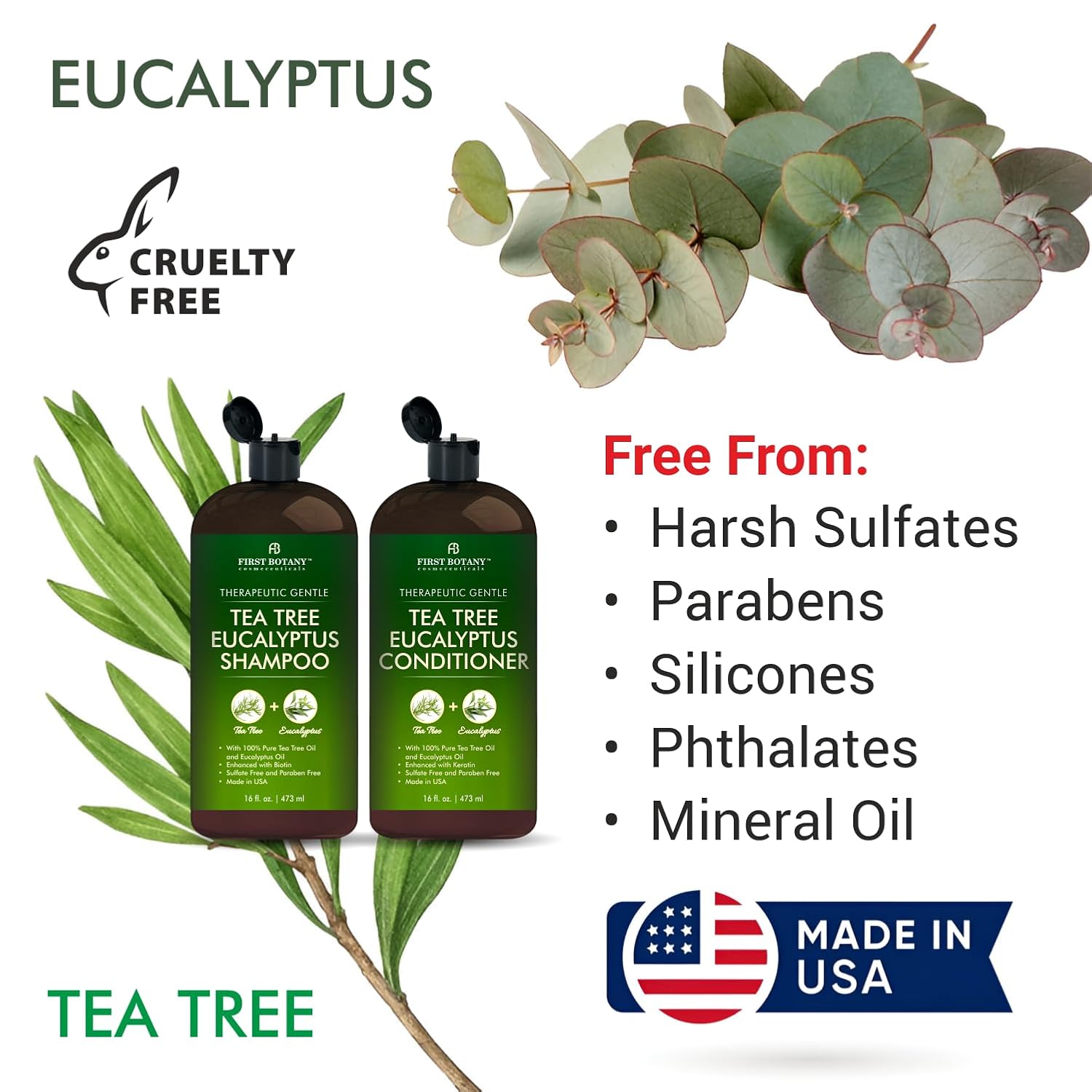 First Botany Tea Tree Mint Shampoo & Conditioner for Men & Women - Pure Tea Tree & Peppermint Oil - Fights Hair Loss, Dandruff, Lice & Itchy Scalp