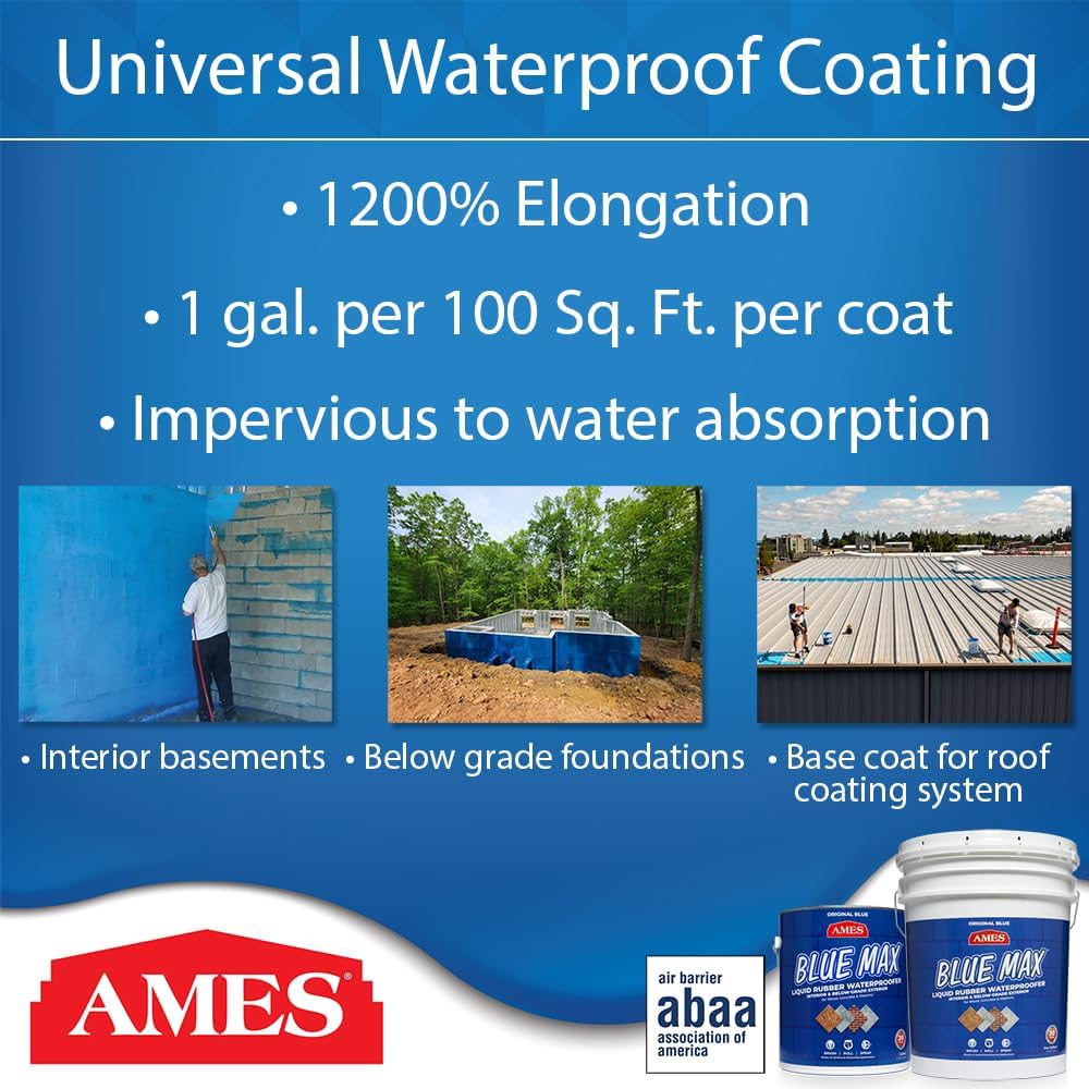 Ames Research Laboratories BMX5RG Blue MAX Waterproofer, Regular Use in Interior & Below-Grade Exterior Concrete Sealer and More. Liquid Rubber, 5 Gallon (Pack of 1), 640 Fl Oz | Ideal for waterproofing above & below grade foundations, basements, roofs,…