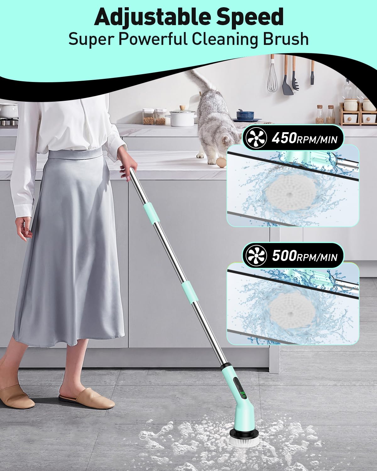 Electric Spin Scrubber for Bathroom, Shower Scrubber with Long Handle | Shower Cleaner Brushes, IPX7 Waterproof & 2 Speed, 3 Brush Heads, 90min Runtime, Bathroom Cleaning Supplies for Toilet Tub