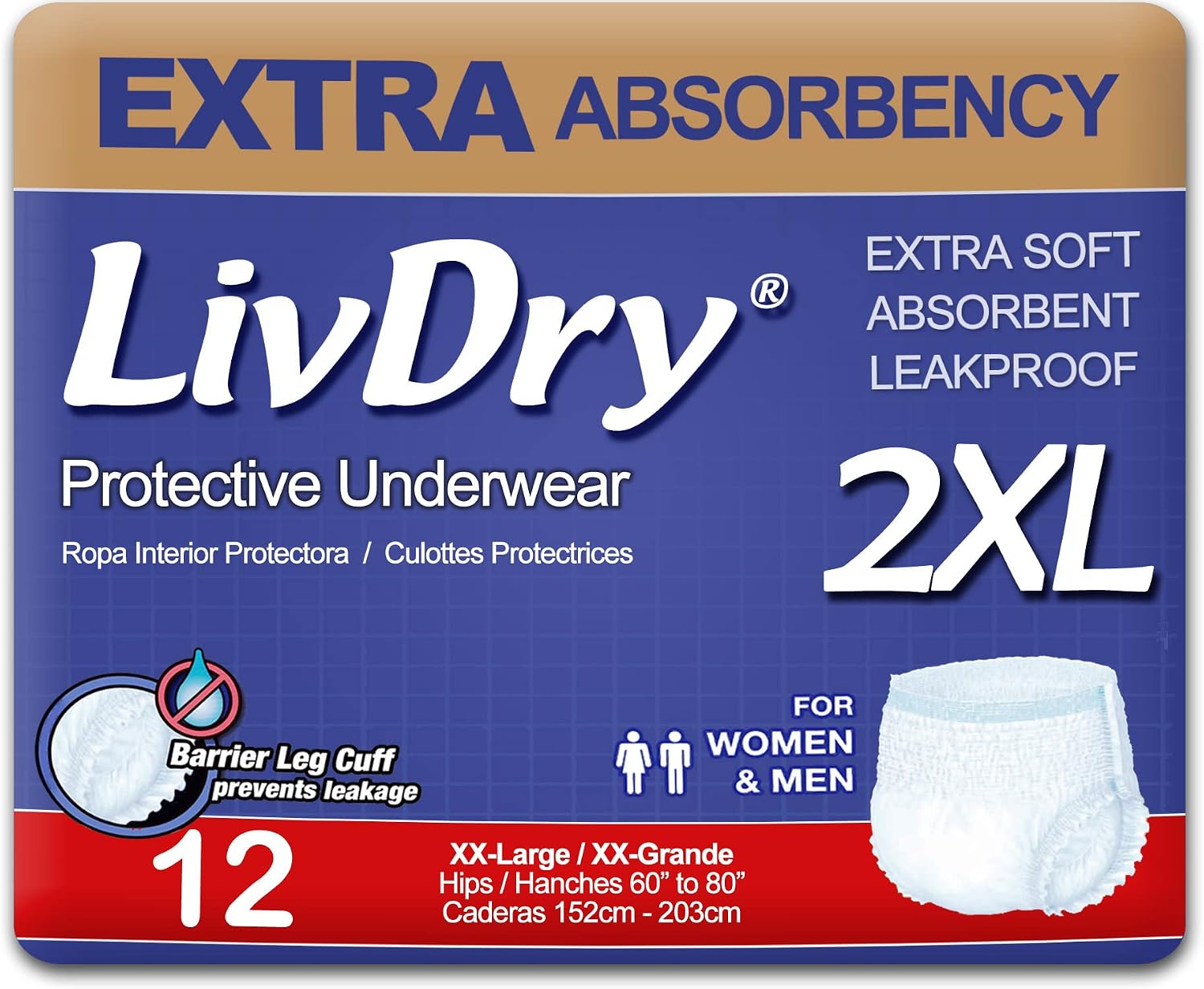LivDry Adult Incontinence Underwear, Extra Absorbency Adult Diapers, Leak Protection, Large, 72-Pack