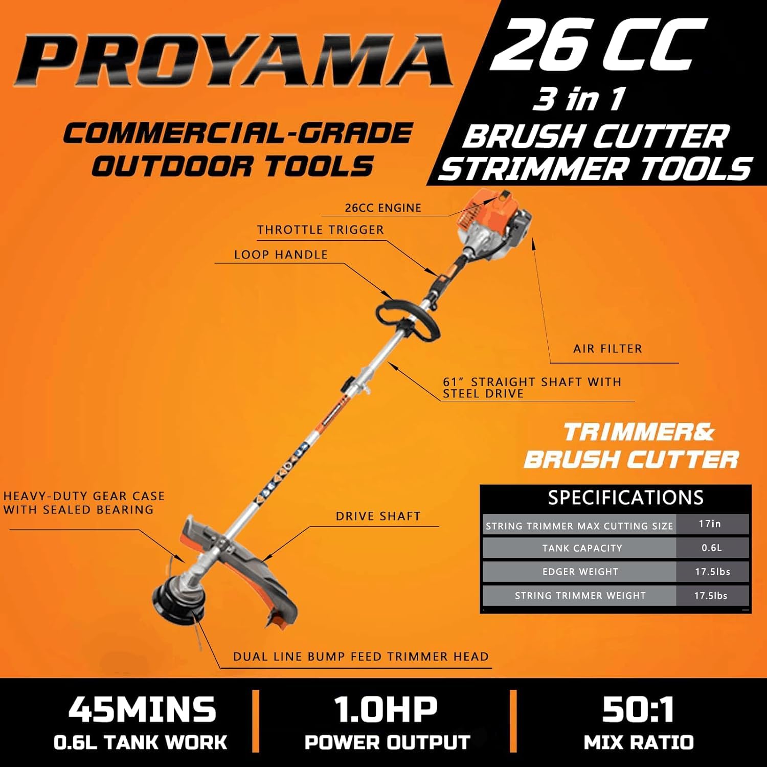 PROYAMA 26cc Gas Powered Weed Eater Wacker, String Trimmer, Brush Cutter