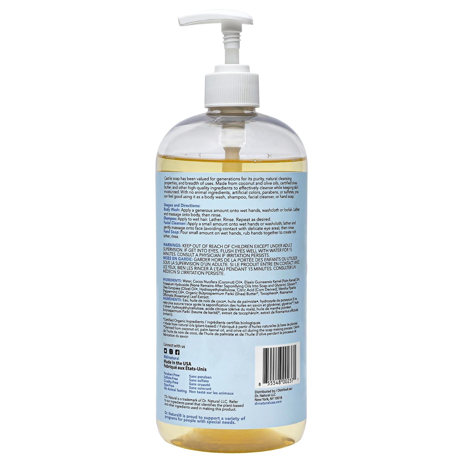 Dr. Natural Castile Liquid Soap - Multi-Use Body Wash, Shampoo and Face Wash - Hydrating Body Soap for Skin, Hair, Pets and Home - Eucalyptus - 32 oz