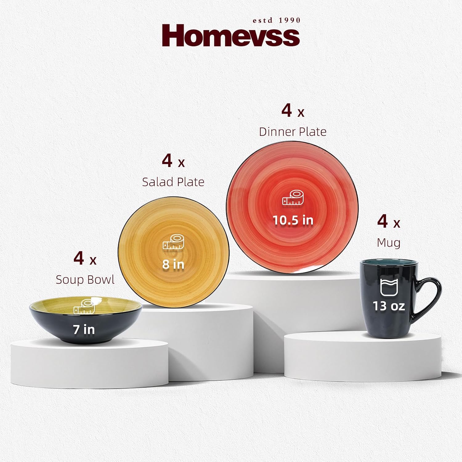 HomeVss, Sonoma Stoneware Dinnerware Set, Outside Black + Inside Hand Painting Color (16pc Set, Grey)