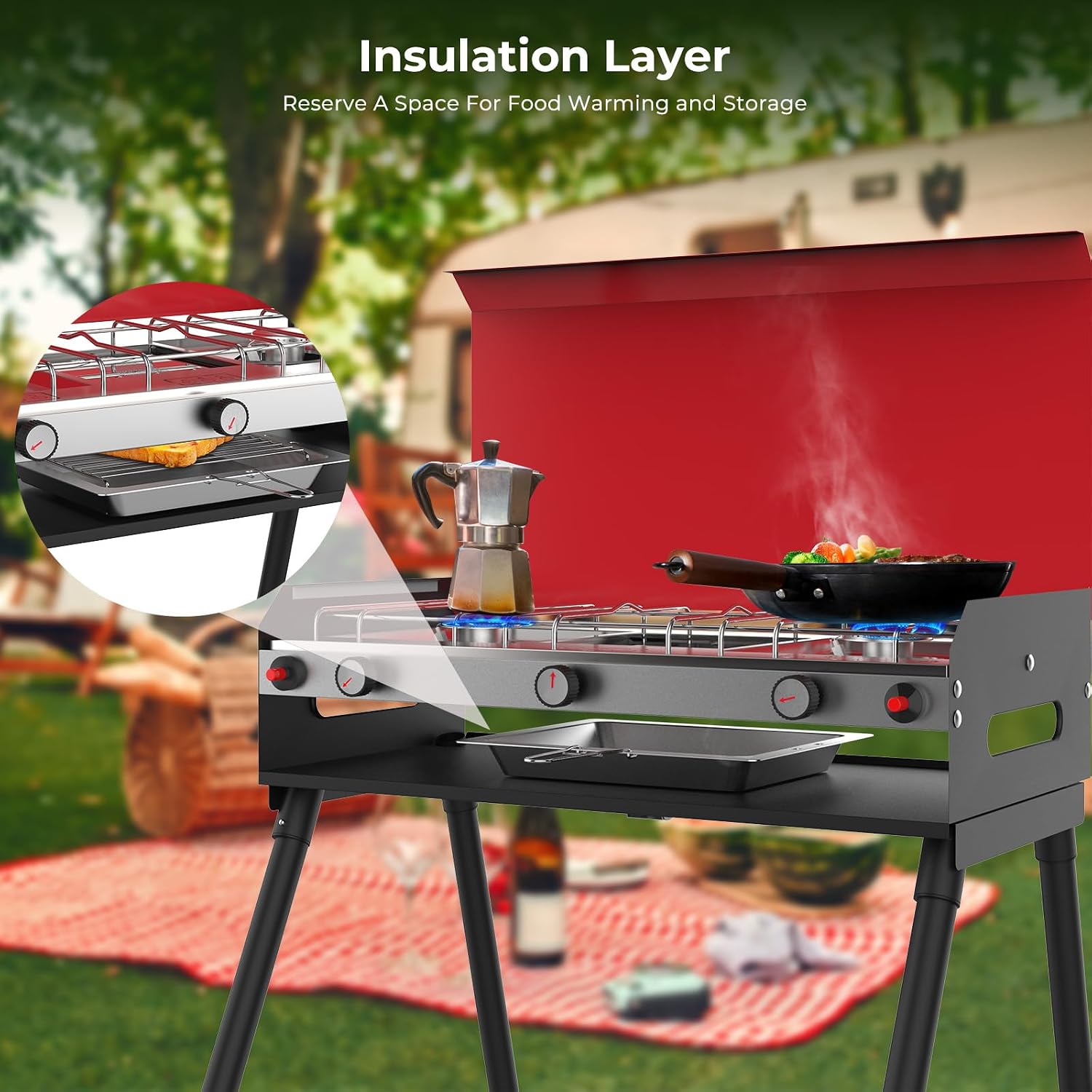 CAMPLUX 2 Burners & 1 Grill Propane Camping Stove, 15, 000 BTU Portable Outdoor Propane Camping Grill Burner with Free Standing Legs