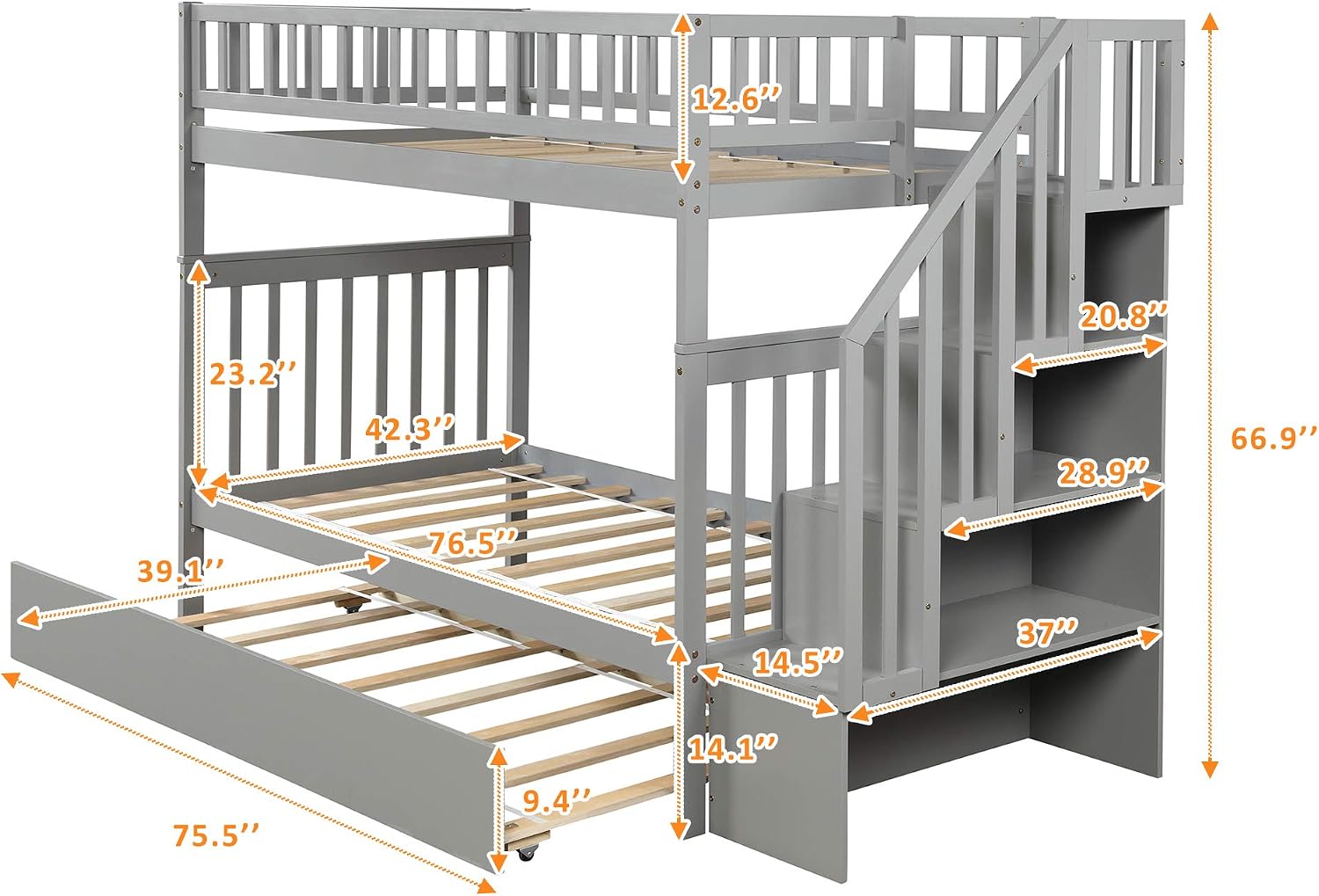 Bellemave Full Over Full Bunk Beds with Stairs Stairway Bunk Bed Frame with Storage Shelves for Teens Adult, Detachable Wood Full Bunk Bed, Gray