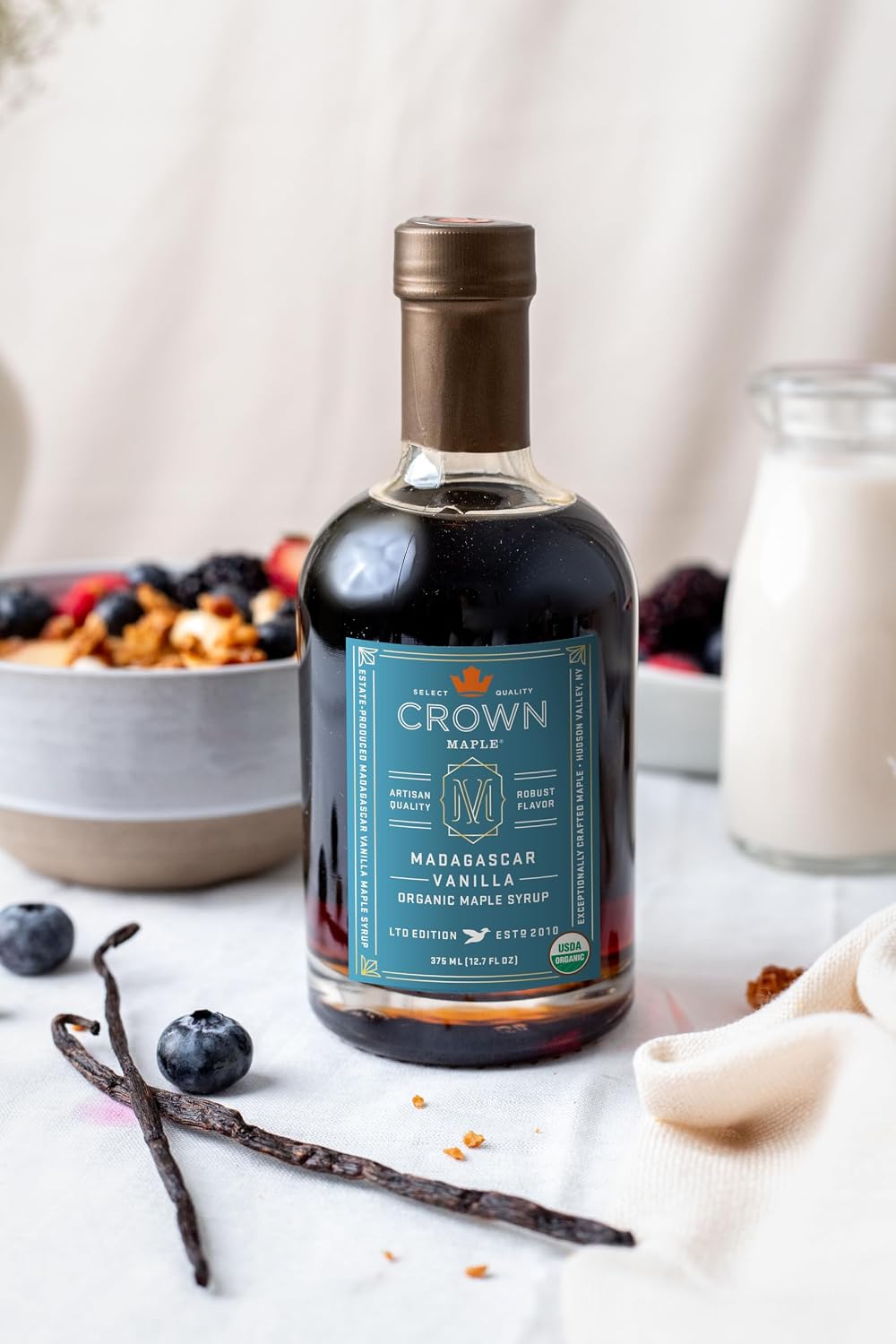 Crown Maple Organic Madagascar Vanilla Maple Syrup, Real Vanilla Bean, Pancakes, Baking, Cocktails & Brunch, 12.7 Fl Oz