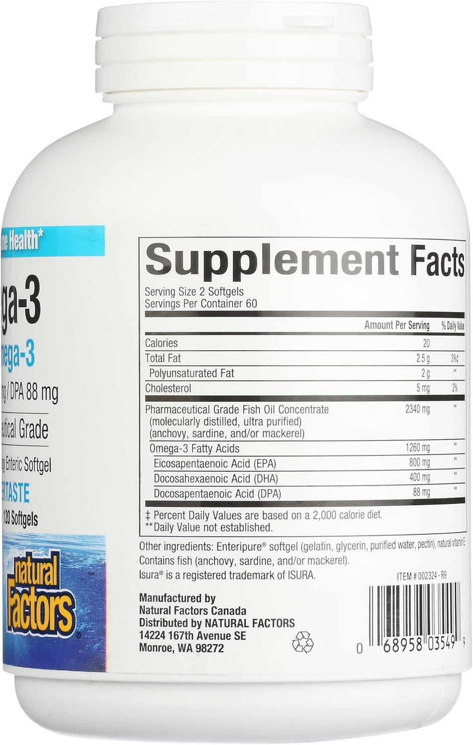 Natural Factors, RxOmega-3 Fish Oil, Pharmaceutical Grade, 1260 mg Omega-3 Per Serving, No Fishy Aftertaste, 240 Count (Pack of 1)