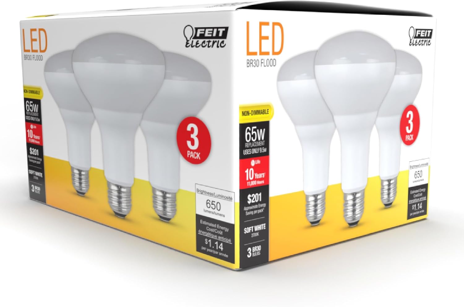 Feit Electric BR30 LED Light Bulbs, 65W Eq, Soft White, 3 Pack